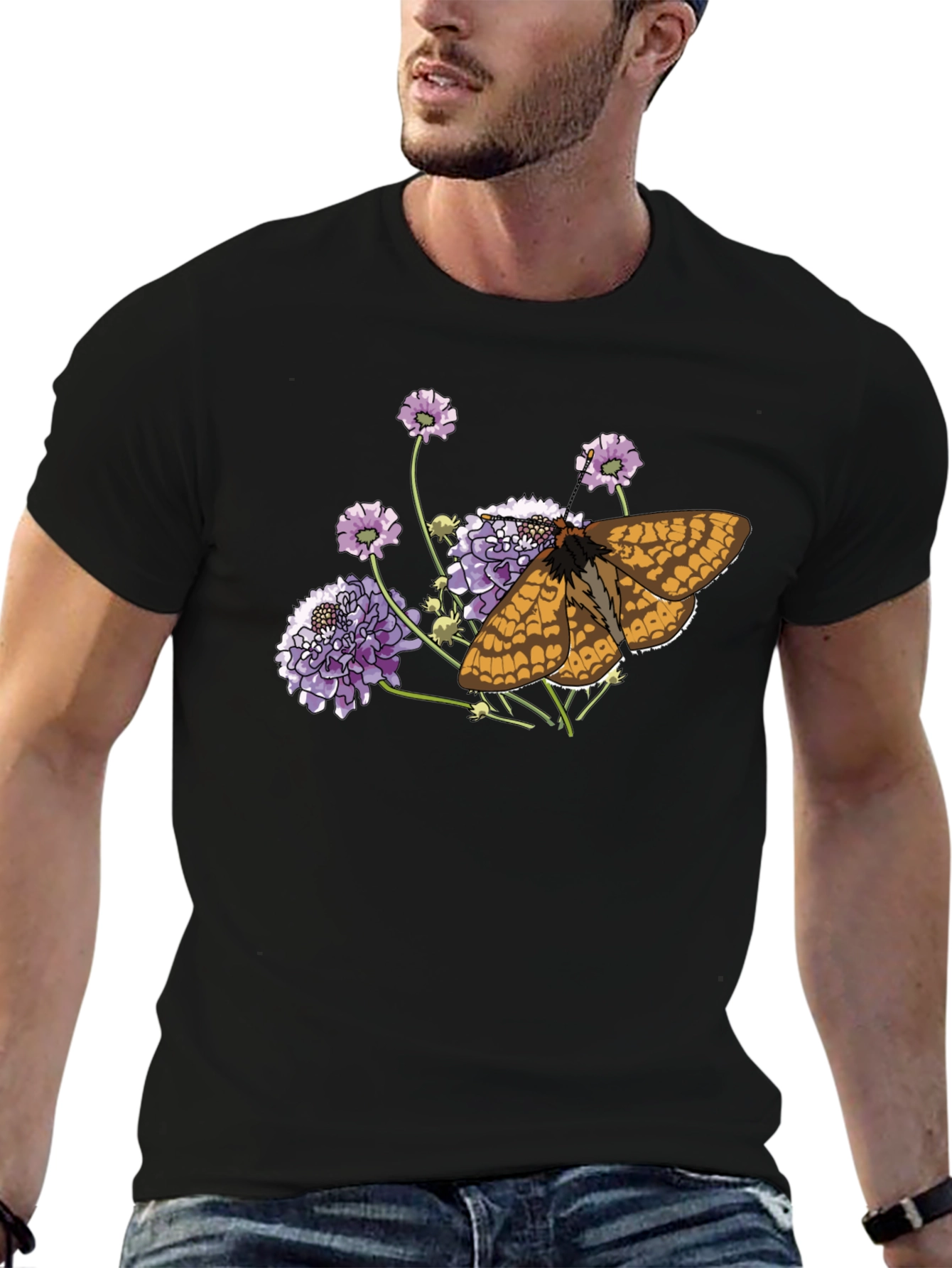 Butterfly and Flower Graphic Black T-Shirt