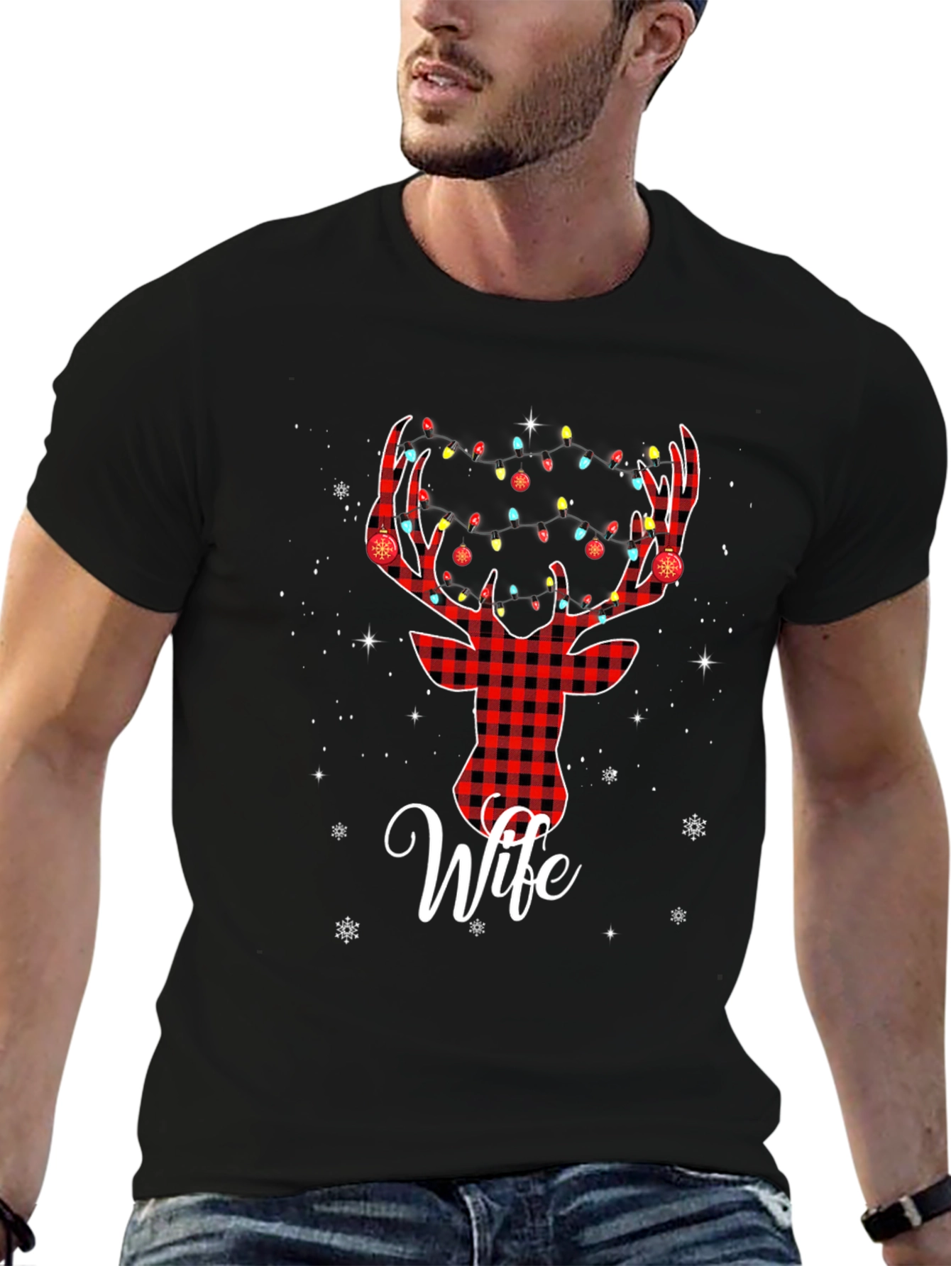 Wife Reindeer Plaid Christmas T-Shirt
