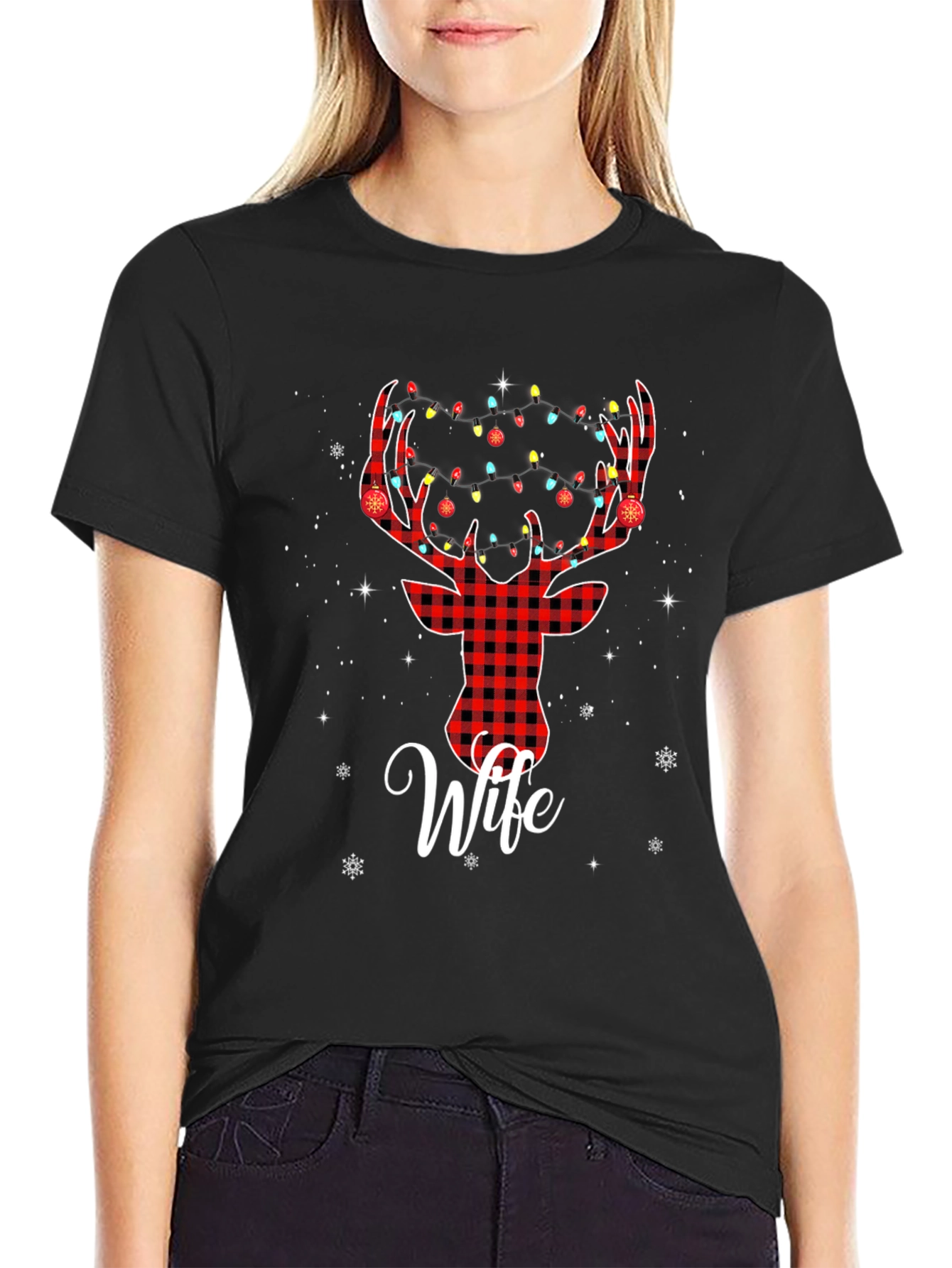 Wife Reindeer Plaid Christmas T-Shirt