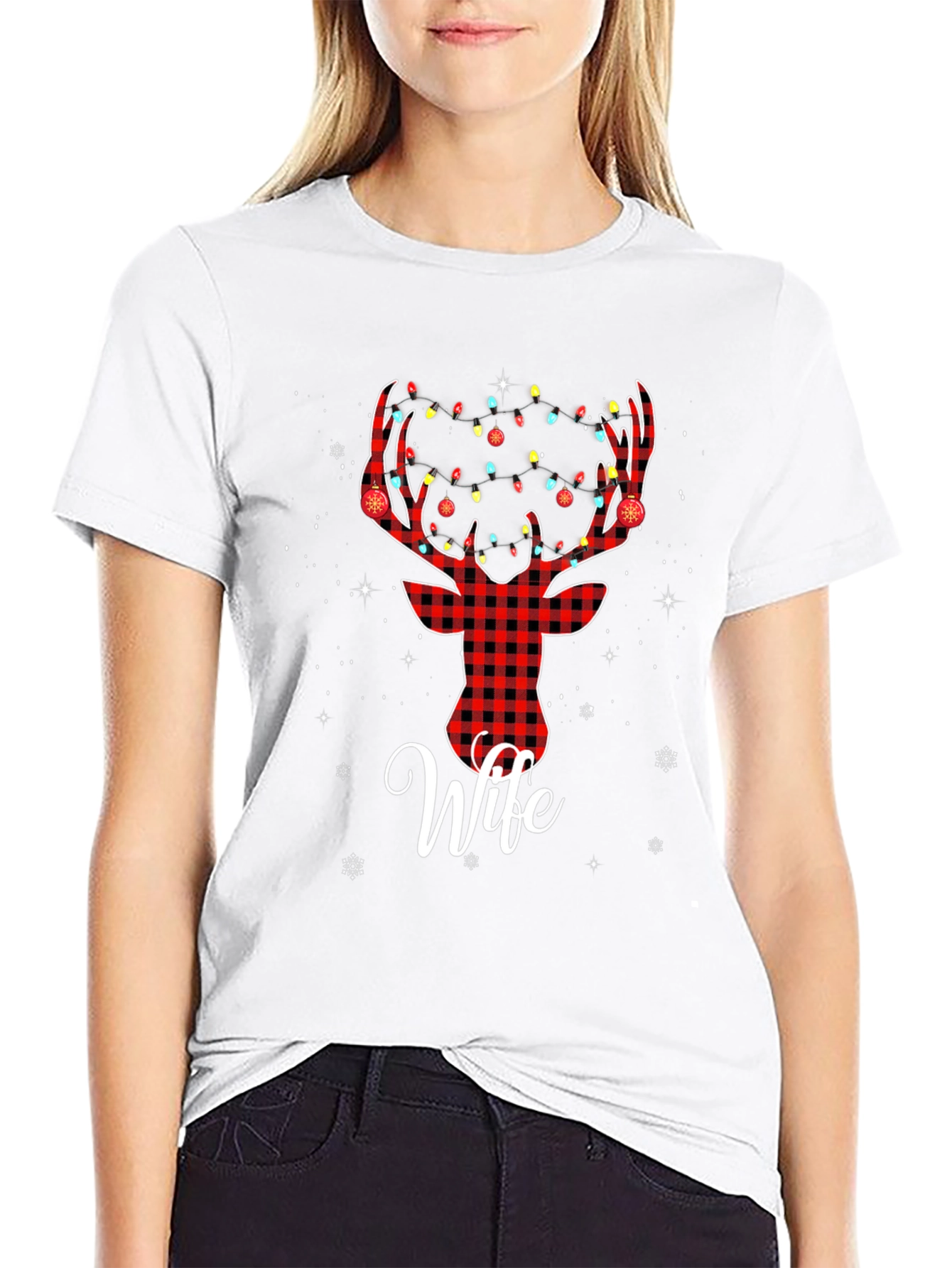 Wife Reindeer Plaid Christmas T-Shirt