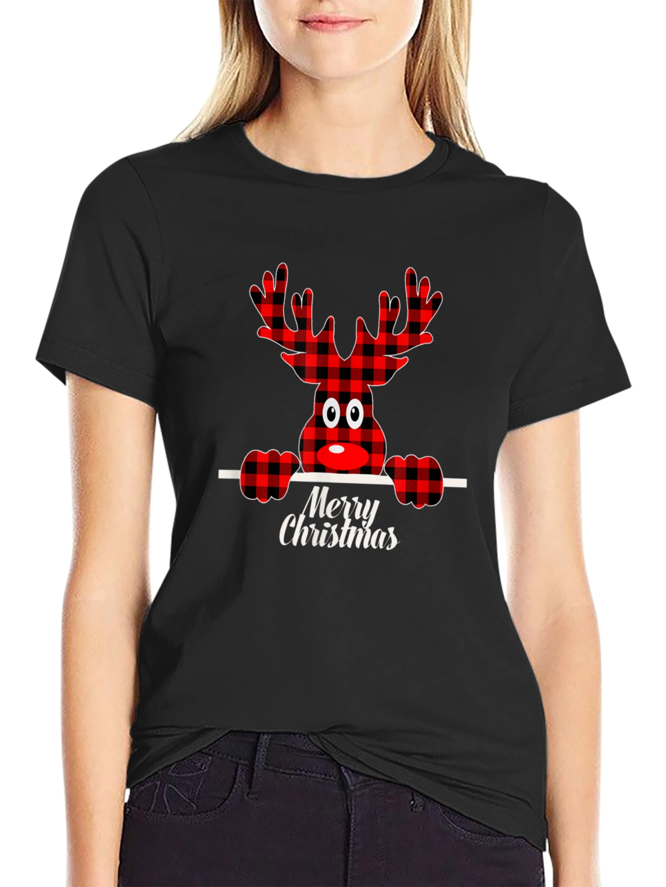 Festive Plaid Reindeer Merry Christmas T-Shirt