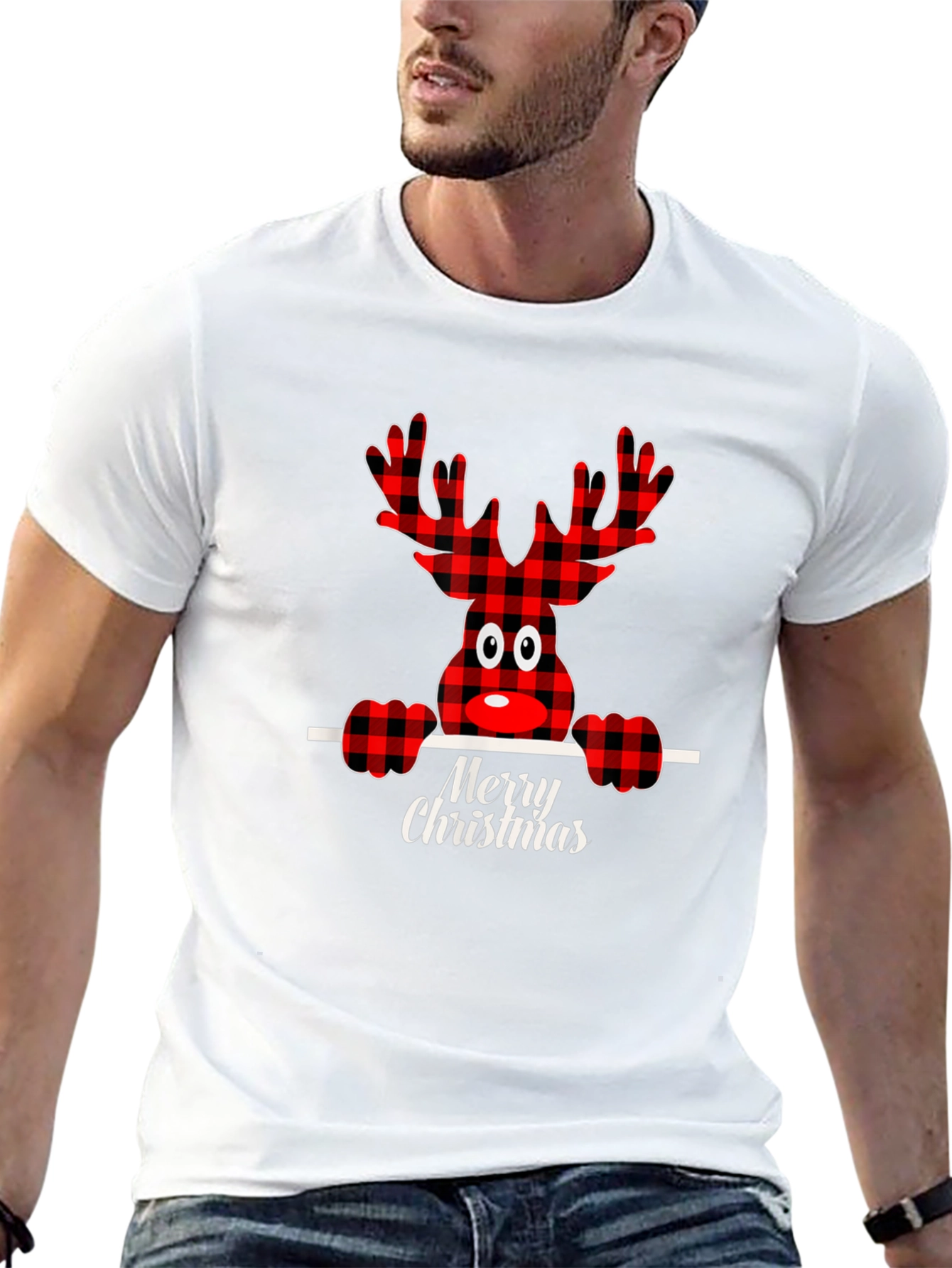 Festive Plaid Reindeer Merry Christmas T-Shirt