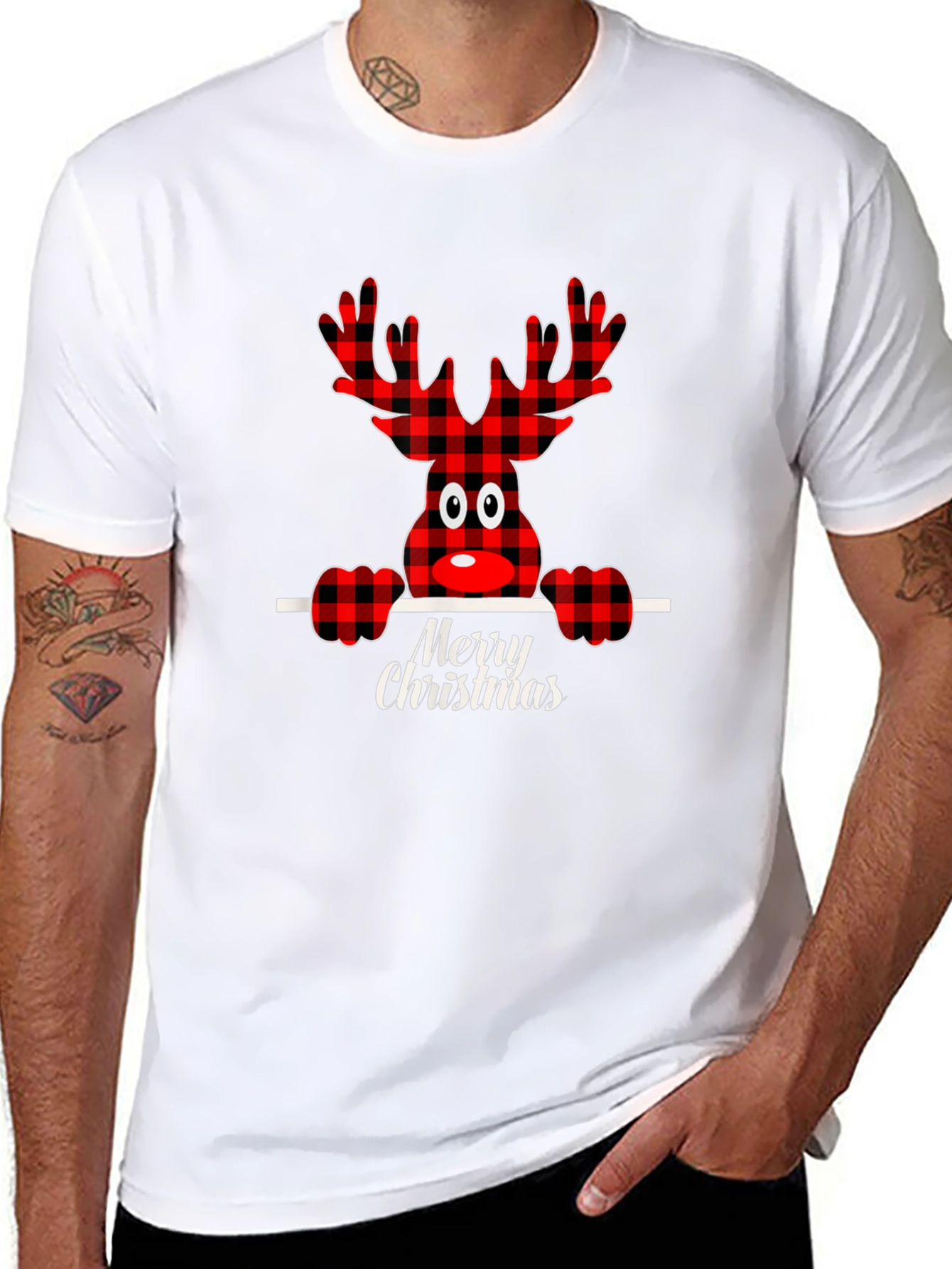 Festive Plaid Reindeer Merry Christmas T-Shirt