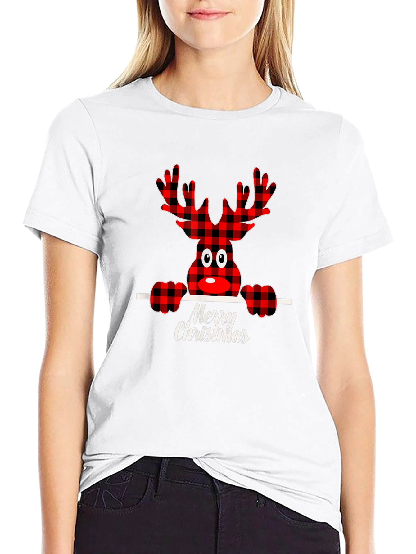 Festive Plaid Reindeer Merry Christmas T-Shirt