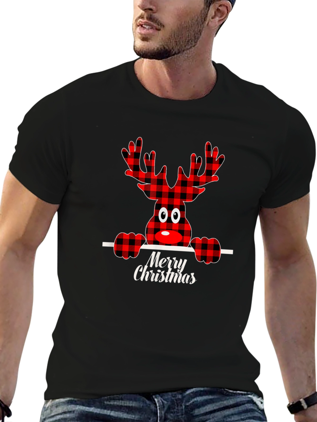 Festive Plaid Reindeer Merry Christmas T-Shirt