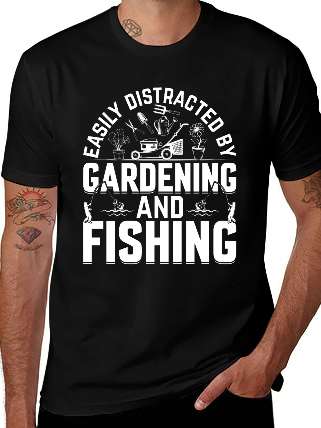 Easily Distracted Gardening & Fishing Black T-Shirt