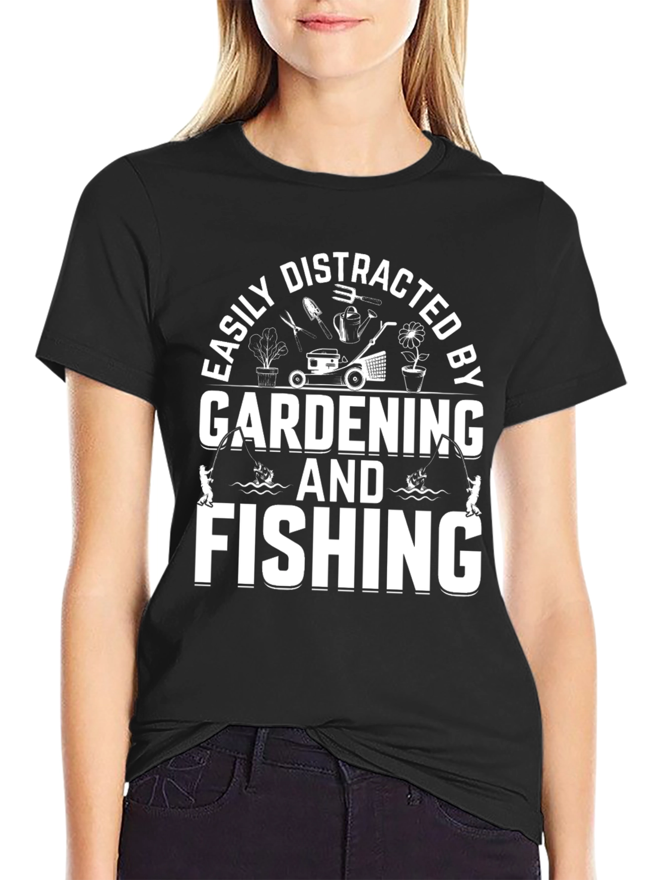 Easily Distracted Gardening & Fishing Black T-Shirt