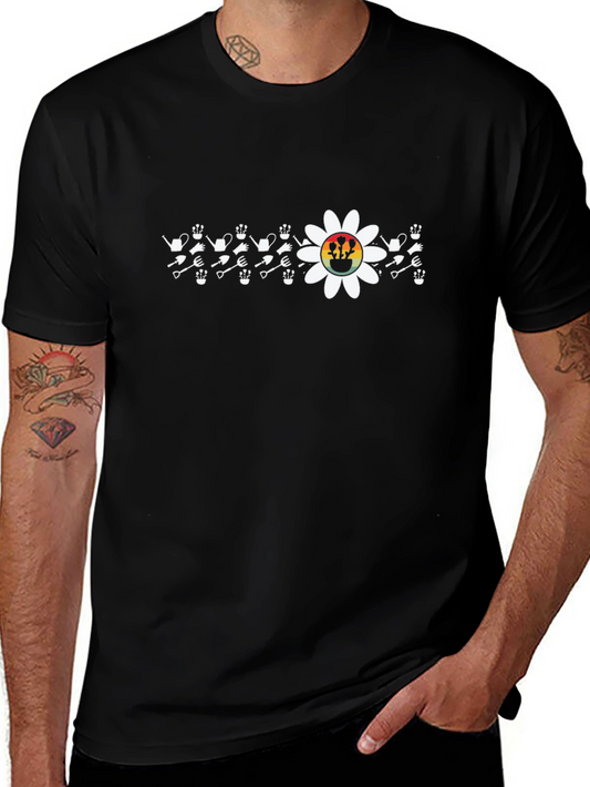 Gardening Tool & Flower Graphic T-Shirt - Black
