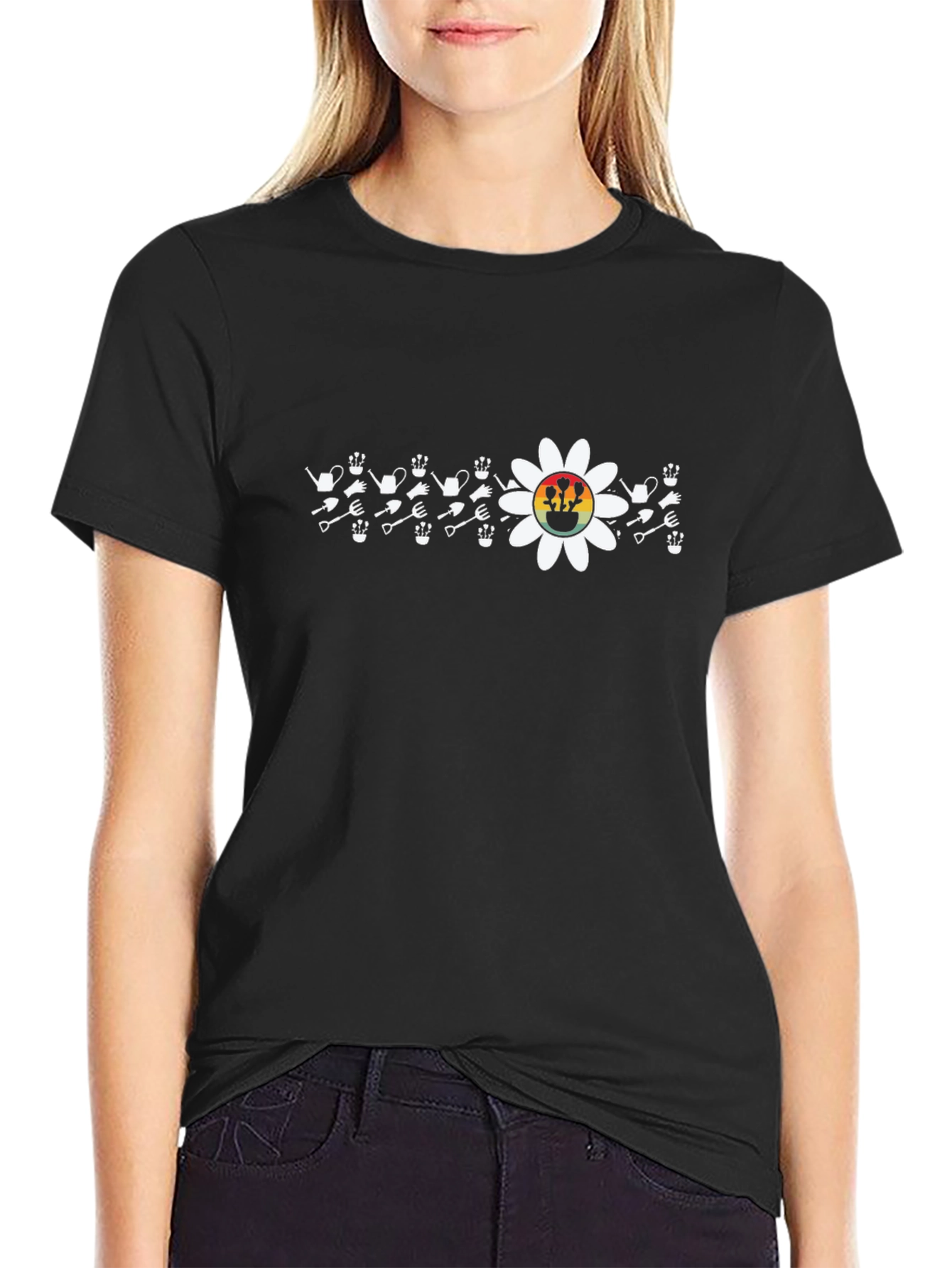 Gardening Tool & Flower Graphic T-Shirt - Black