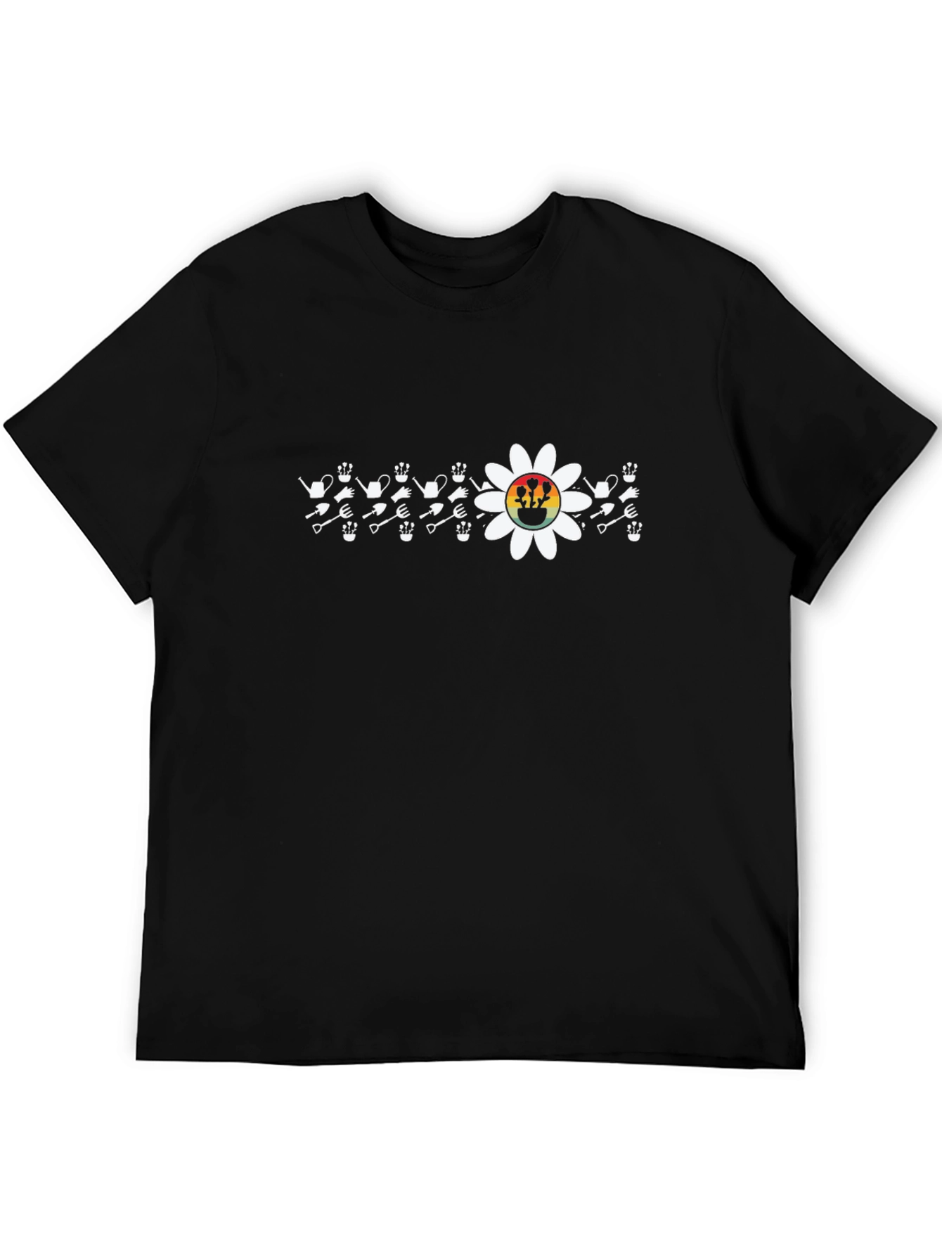 Gardening Tool & Flower Graphic T-Shirt - Black