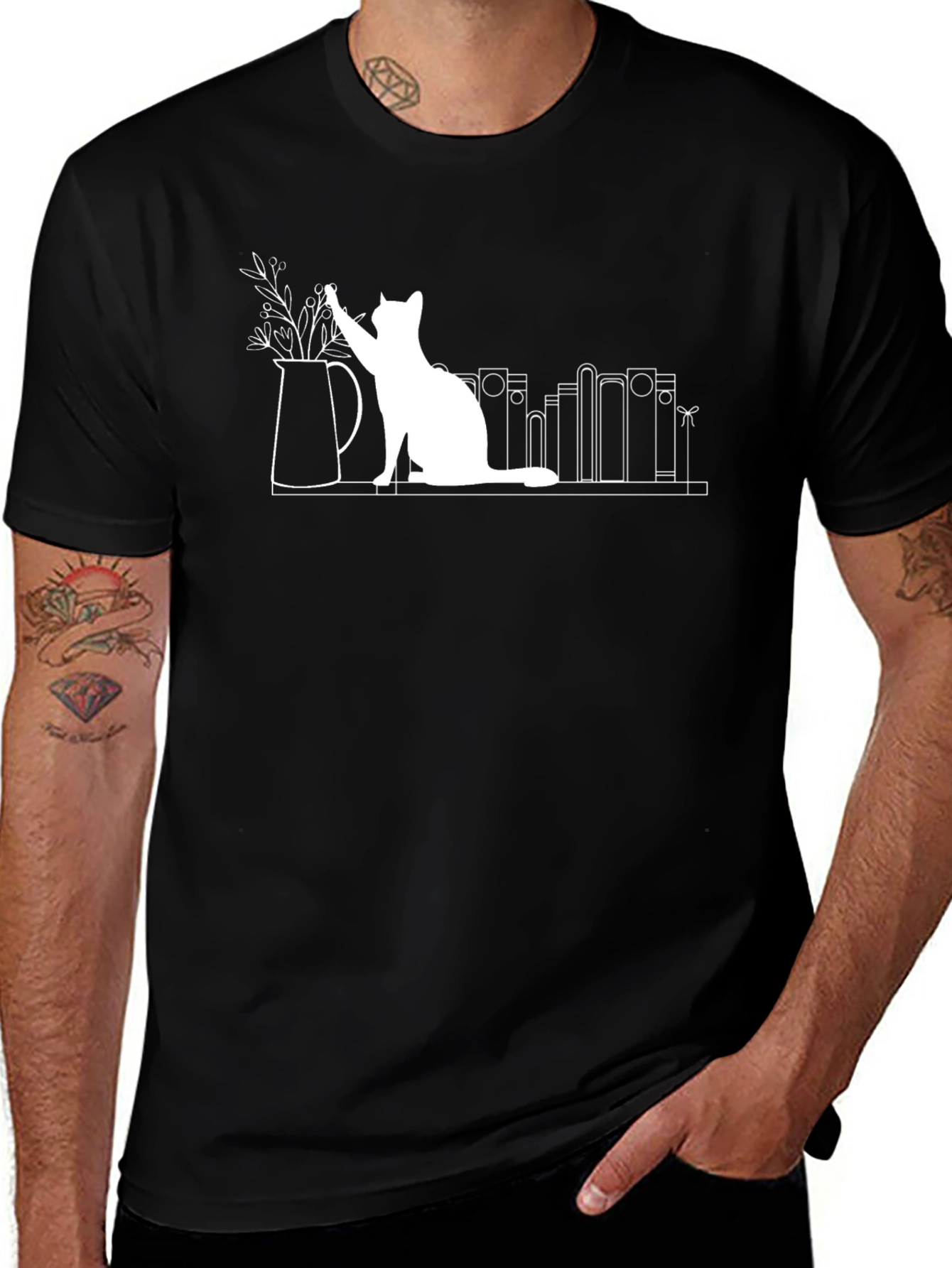 Quirky Cat & Books T-Shirt - Unique Graphic Tee