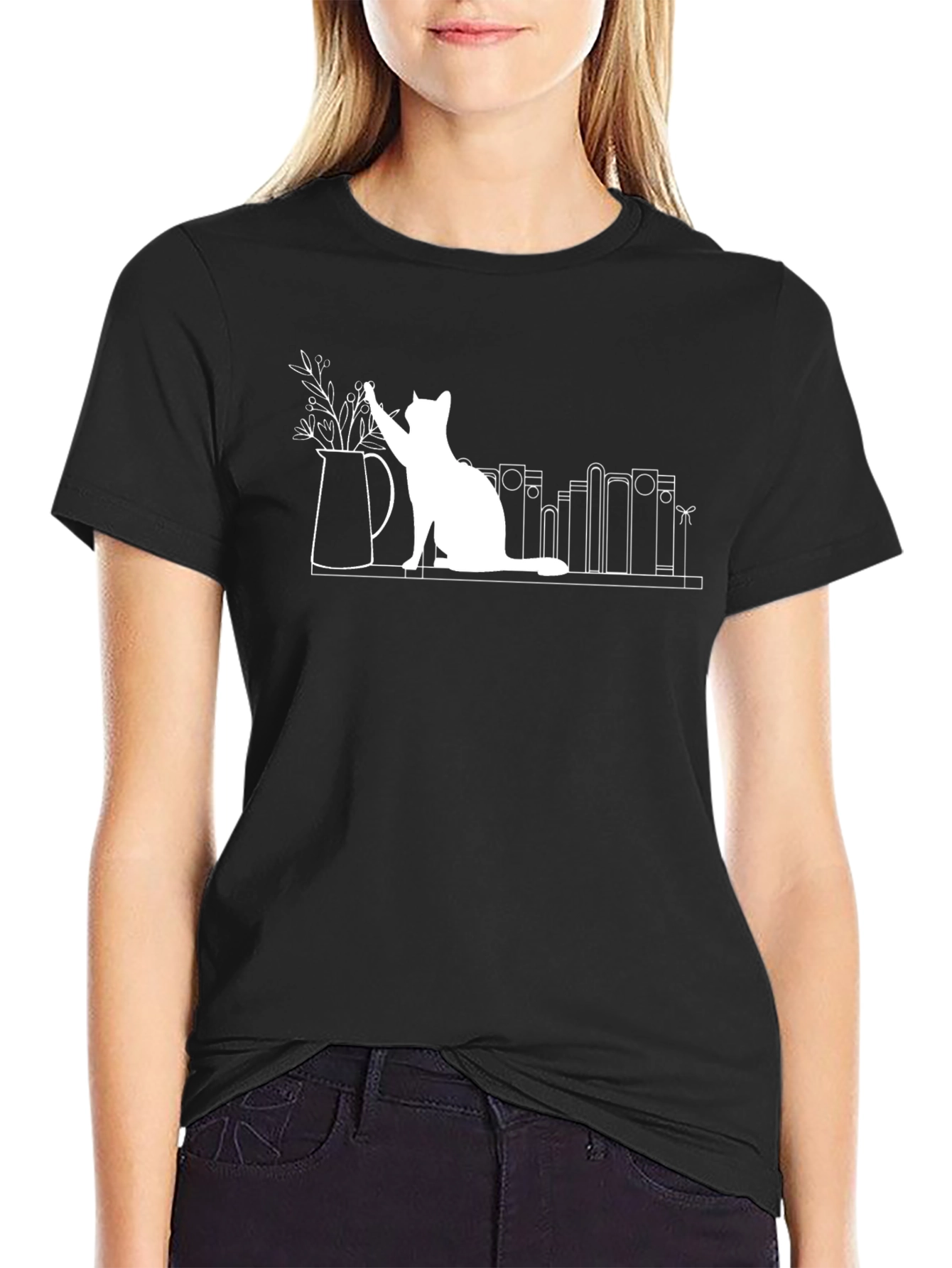 Quirky Cat & Books T-Shirt - Unique Graphic Tee