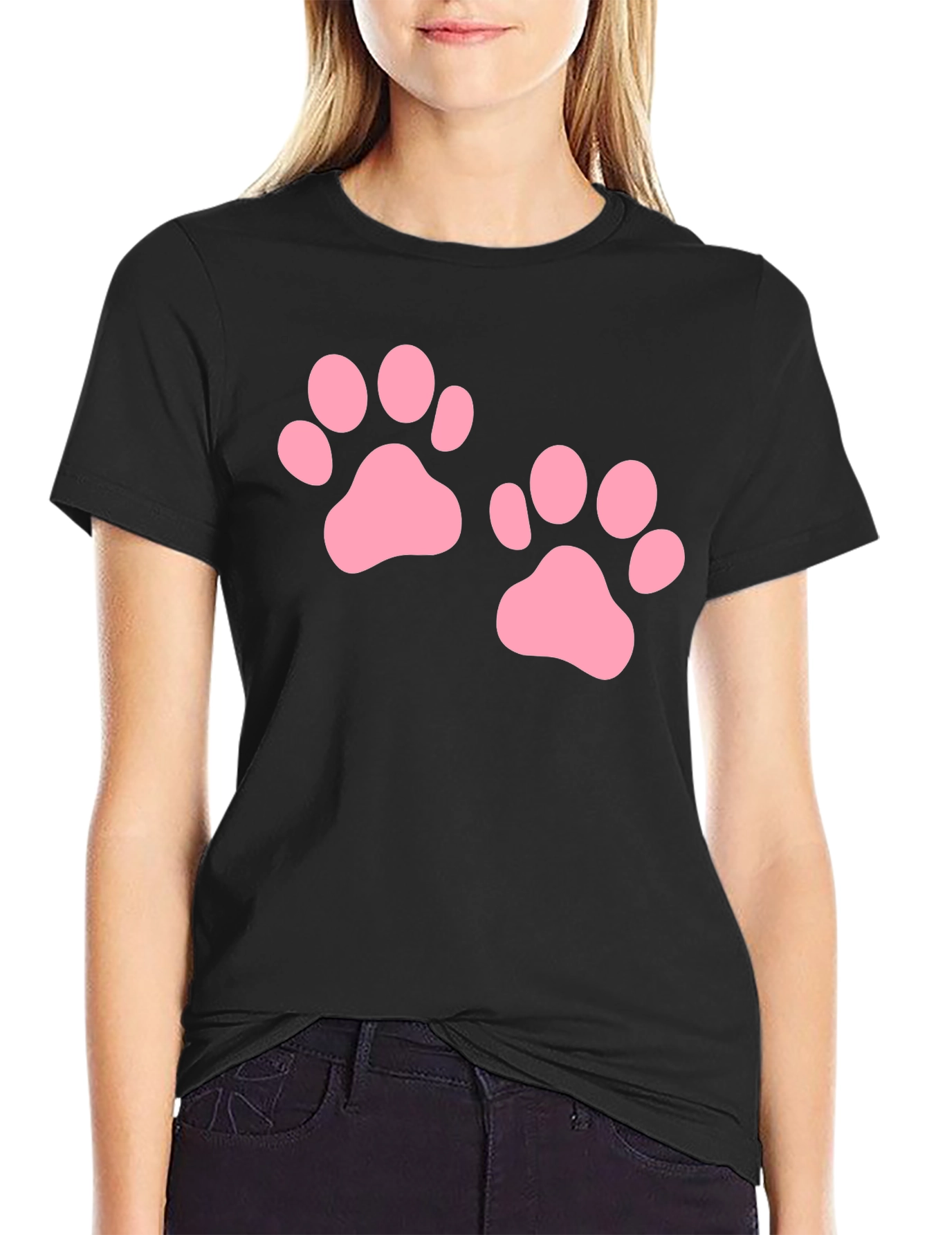 Cute Pink Paw Print Black T-Shirt