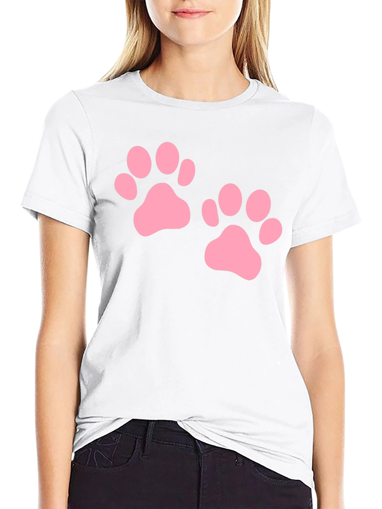 Cute Pink Paw Print Black T-Shirt