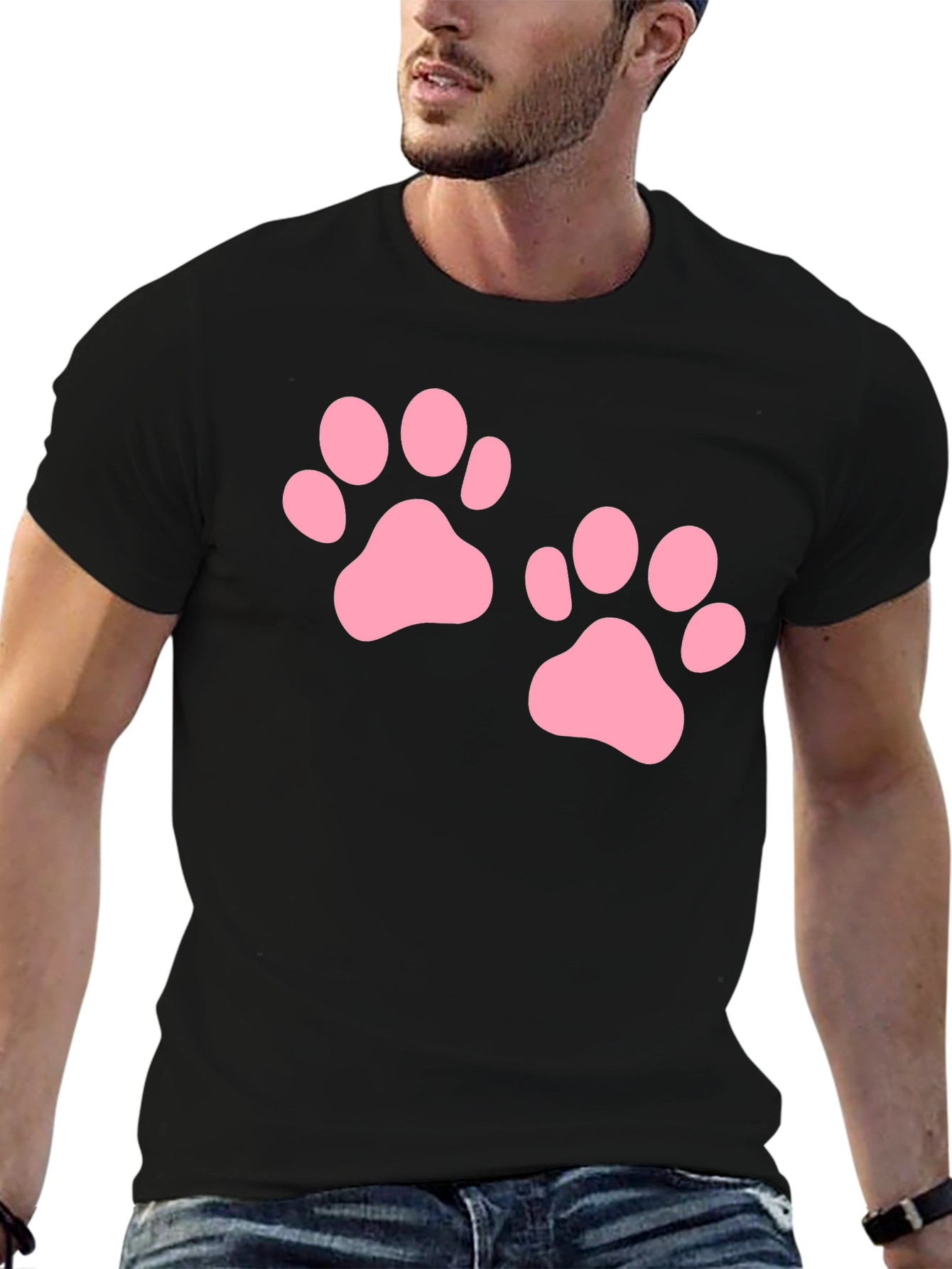 Cute Pink Paw Print Black T-Shirt