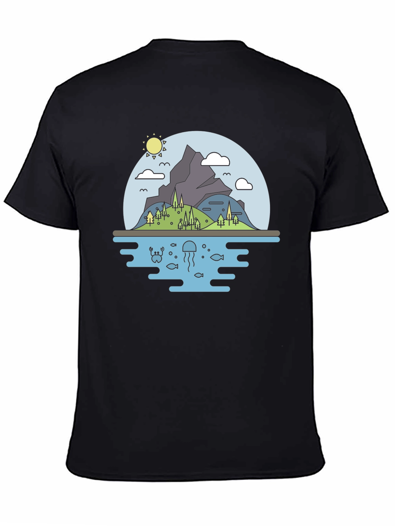 Nature Scene Graphic T-Shirt - Black Cotton Tee