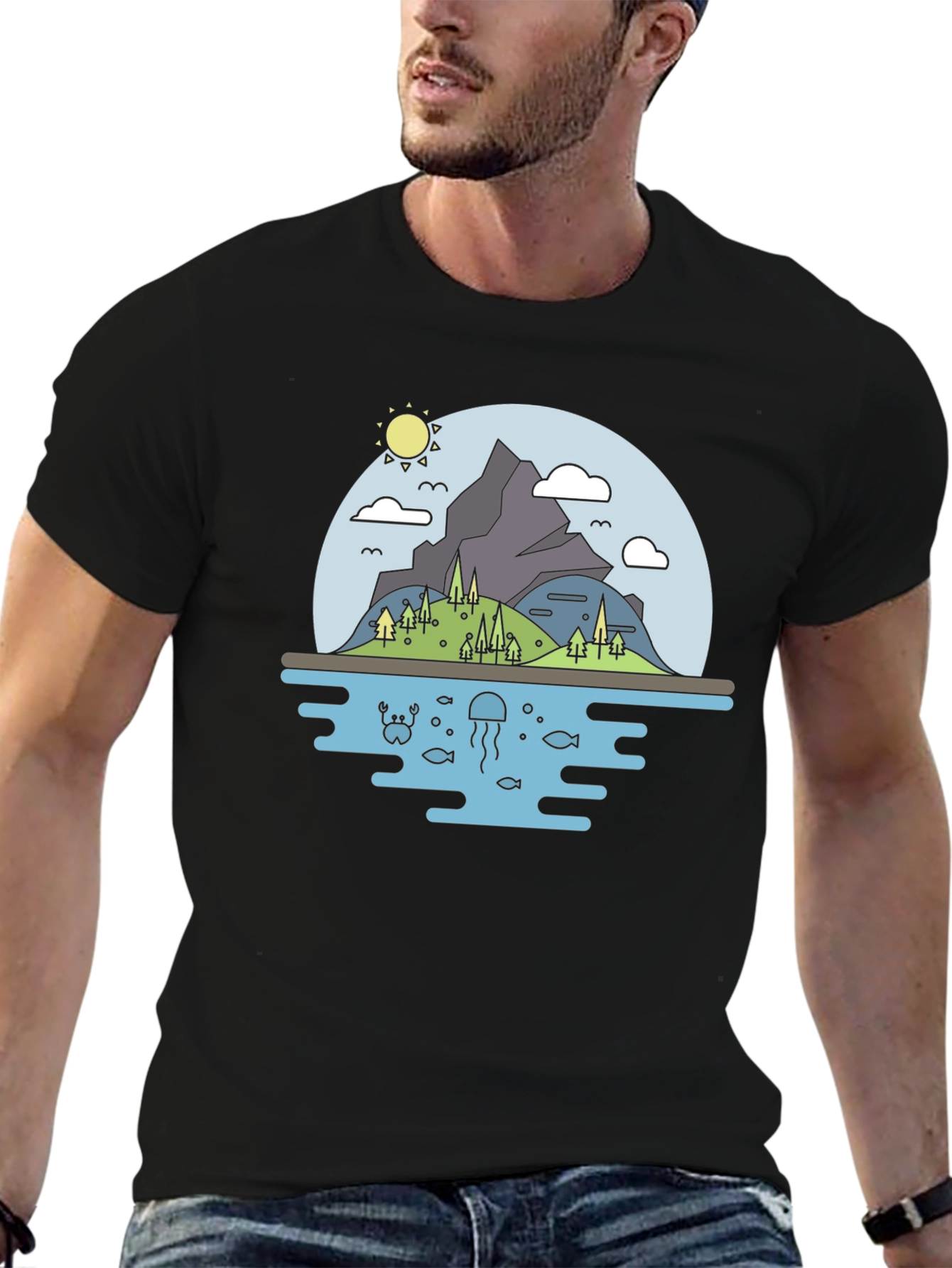 Nature Scene Graphic T-Shirt - Black Cotton Tee