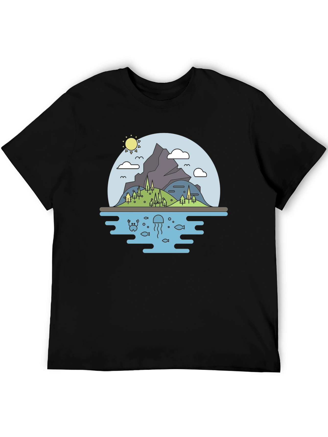 Nature Scene Graphic T-Shirt - Black Cotton Tee