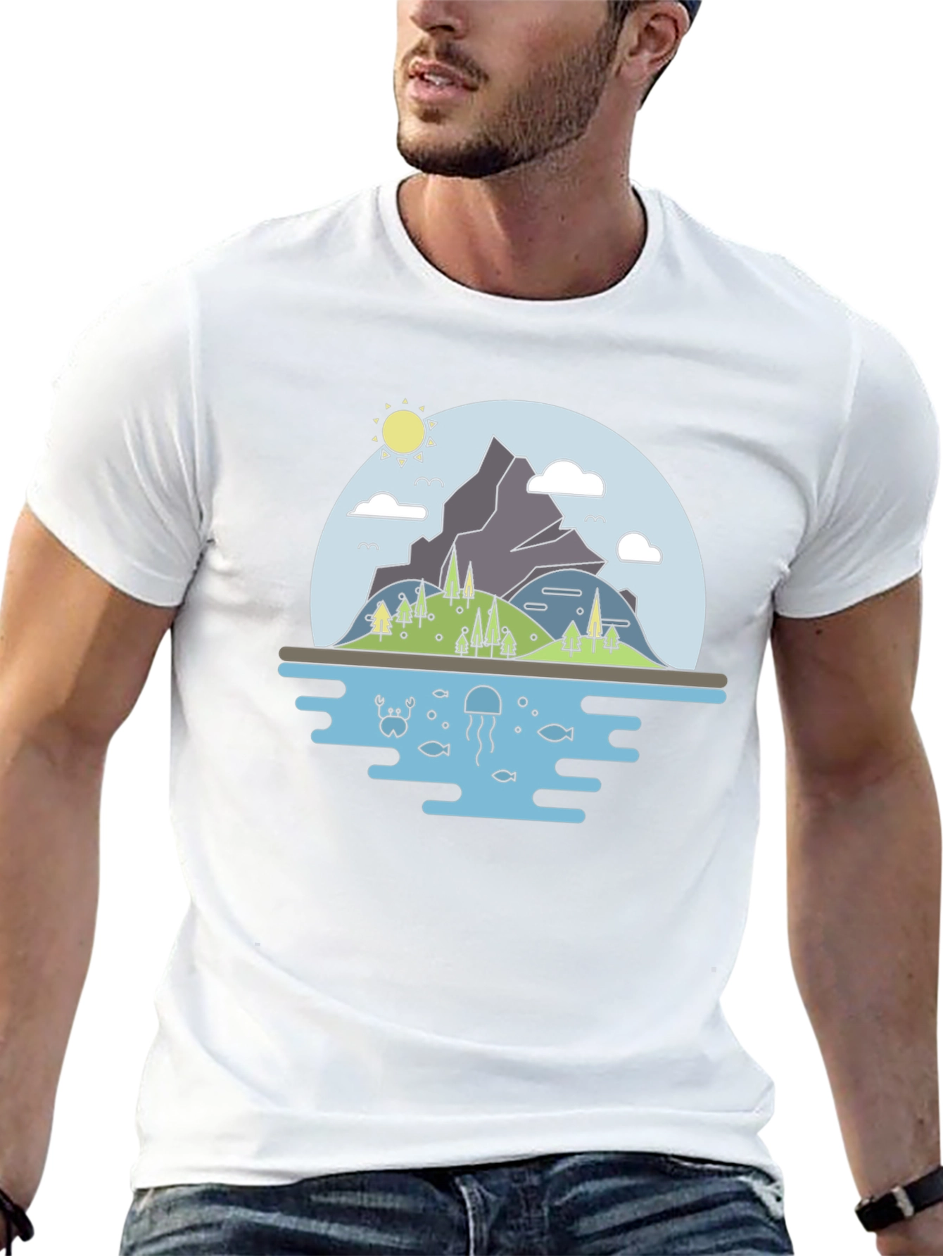 Nature Scene Graphic T-Shirt - Black Cotton Tee