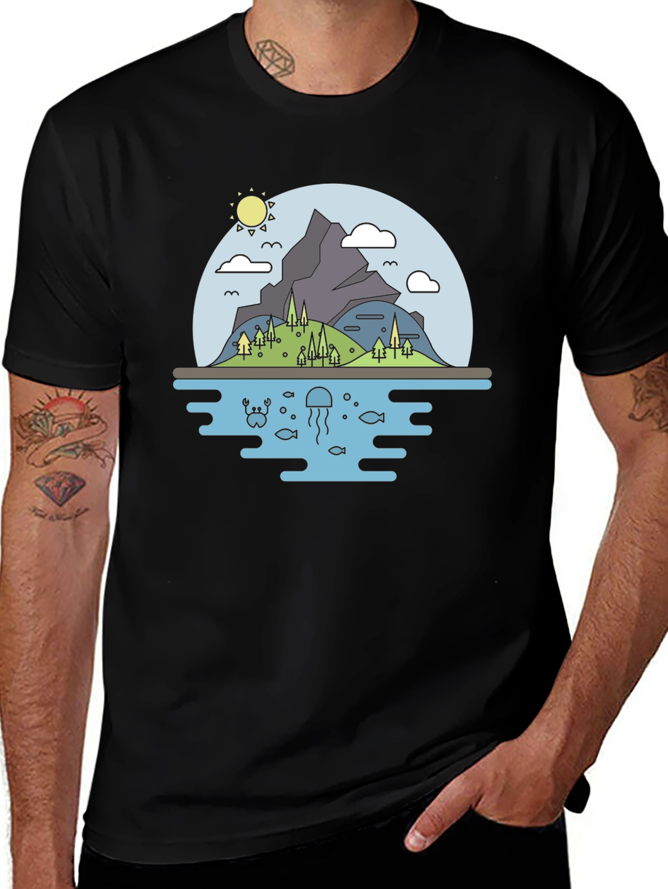 Nature Scene Graphic T-Shirt - Black Cotton Tee