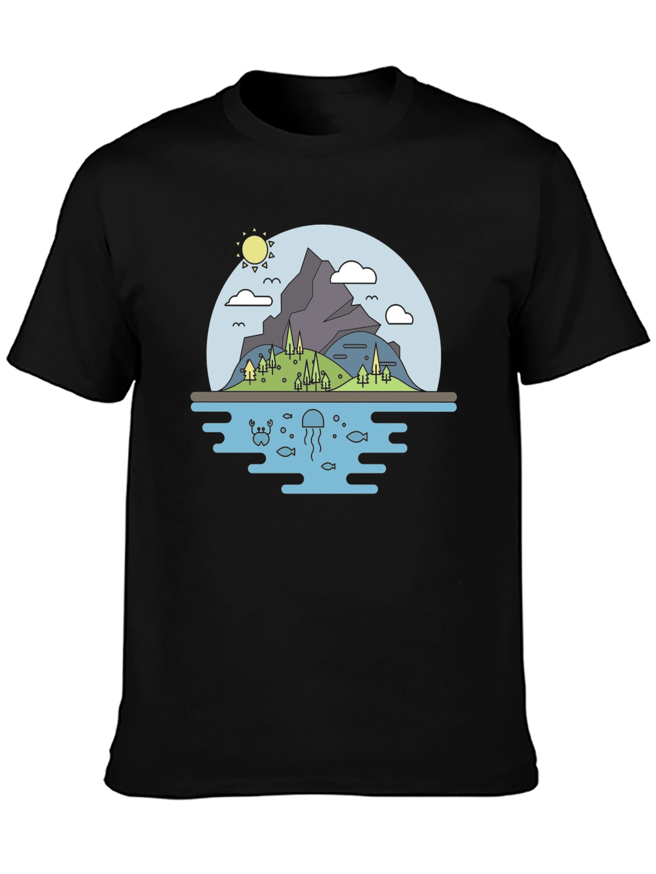 Nature Scene Graphic T-Shirt - Black Cotton Tee