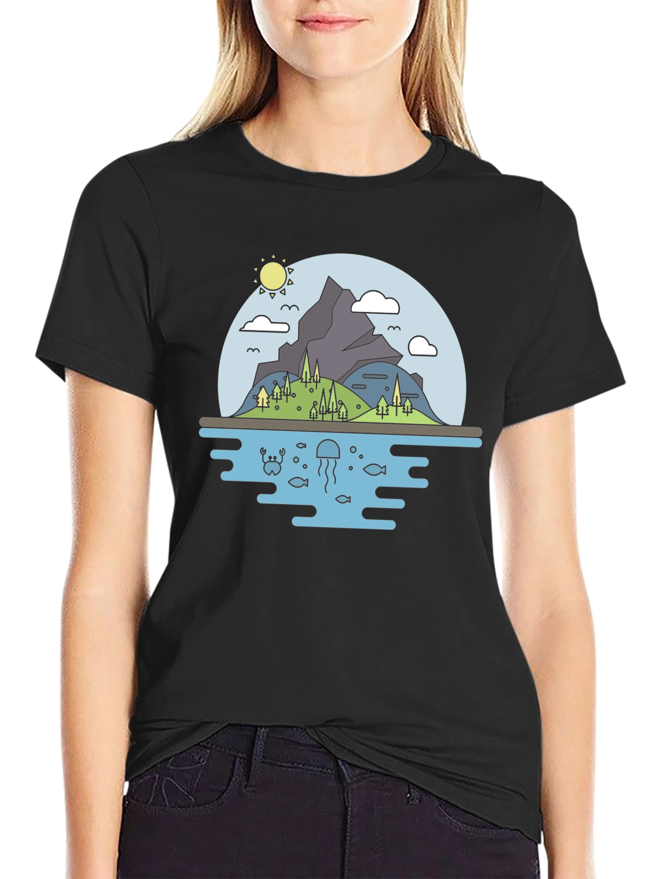 Nature Scene Graphic T-Shirt - Black Cotton Tee