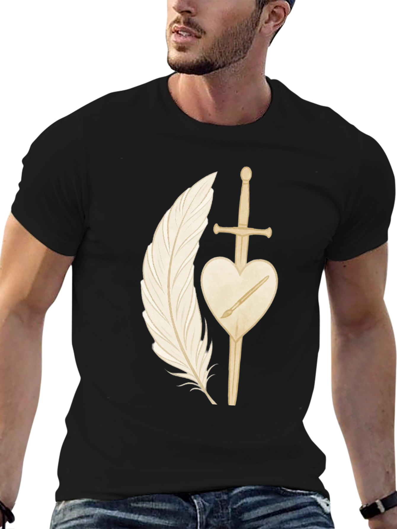Feather & Sword Graphic Tee - Artistic Design