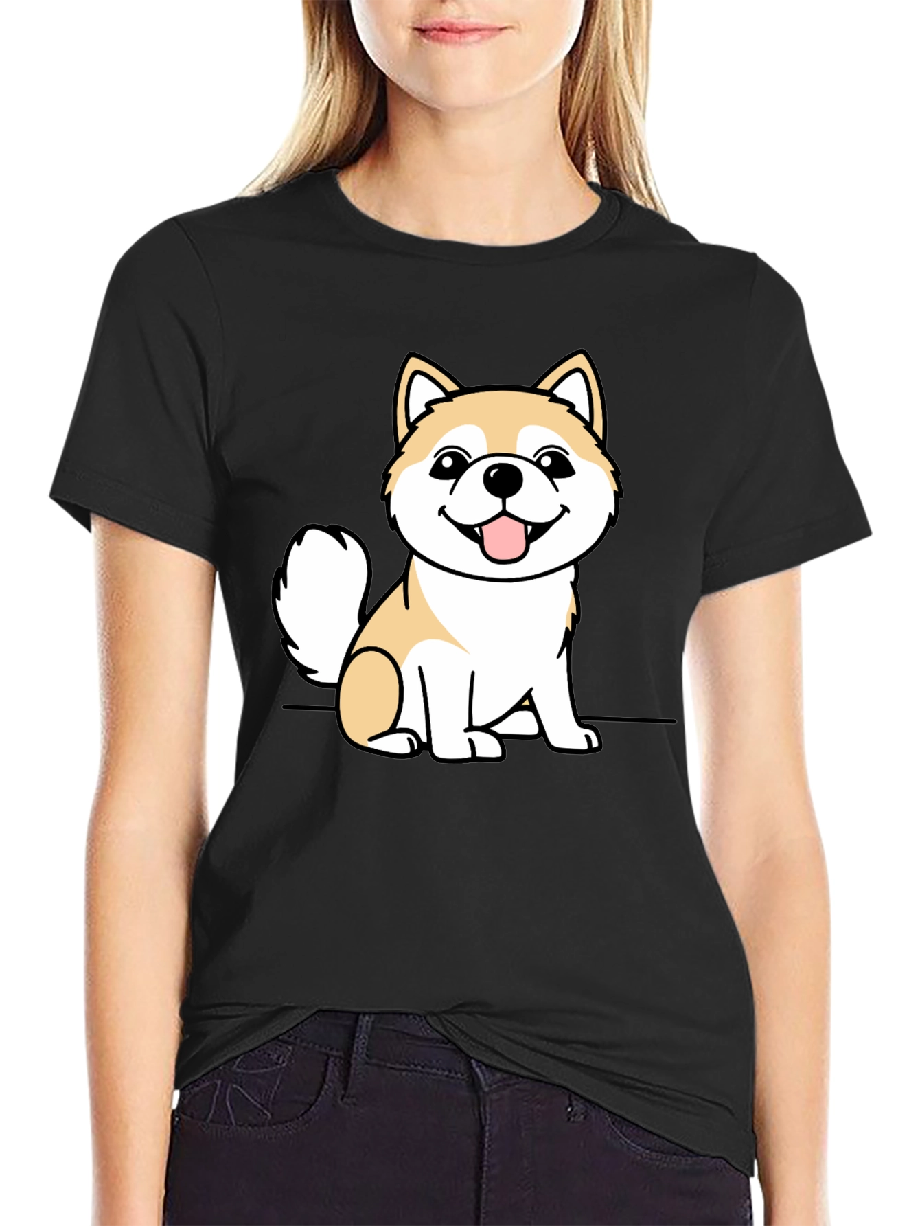 Cute Shiba Inu Dog Graphic Tee - Black