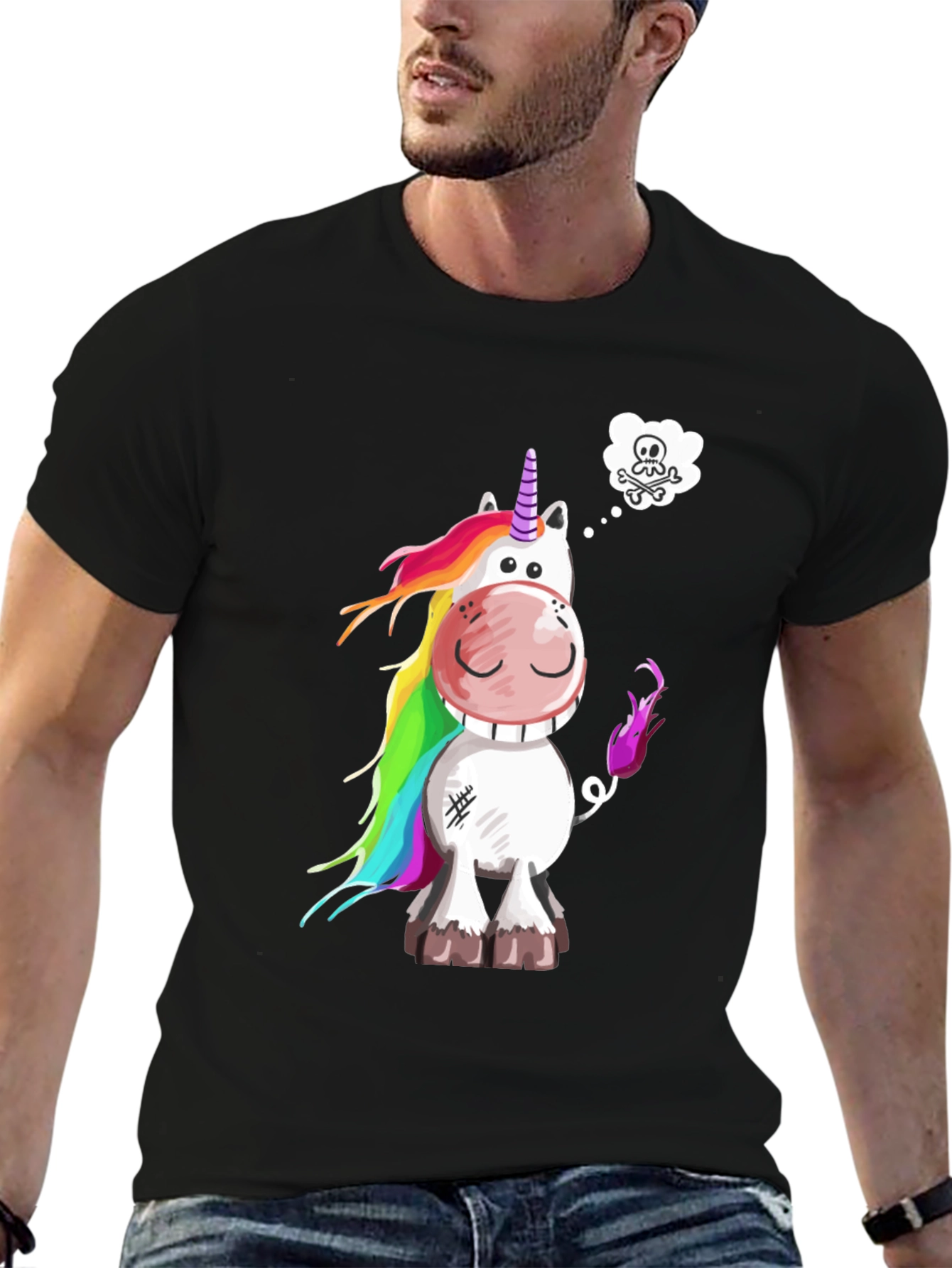 Unicorn Skull Wish Mens Black T-Shirt