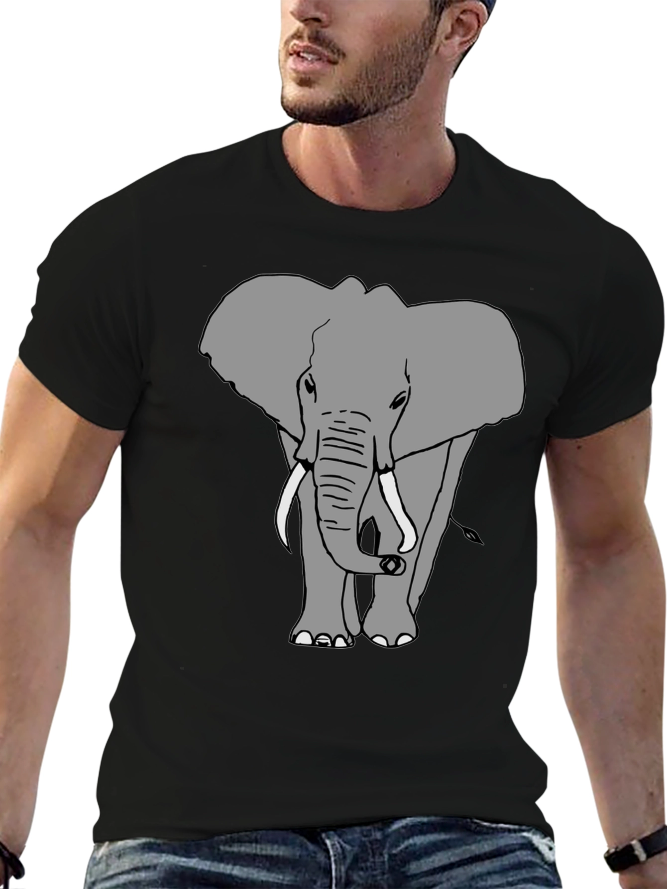 Elephant Graphic Print Crew Neck Tee - Black
