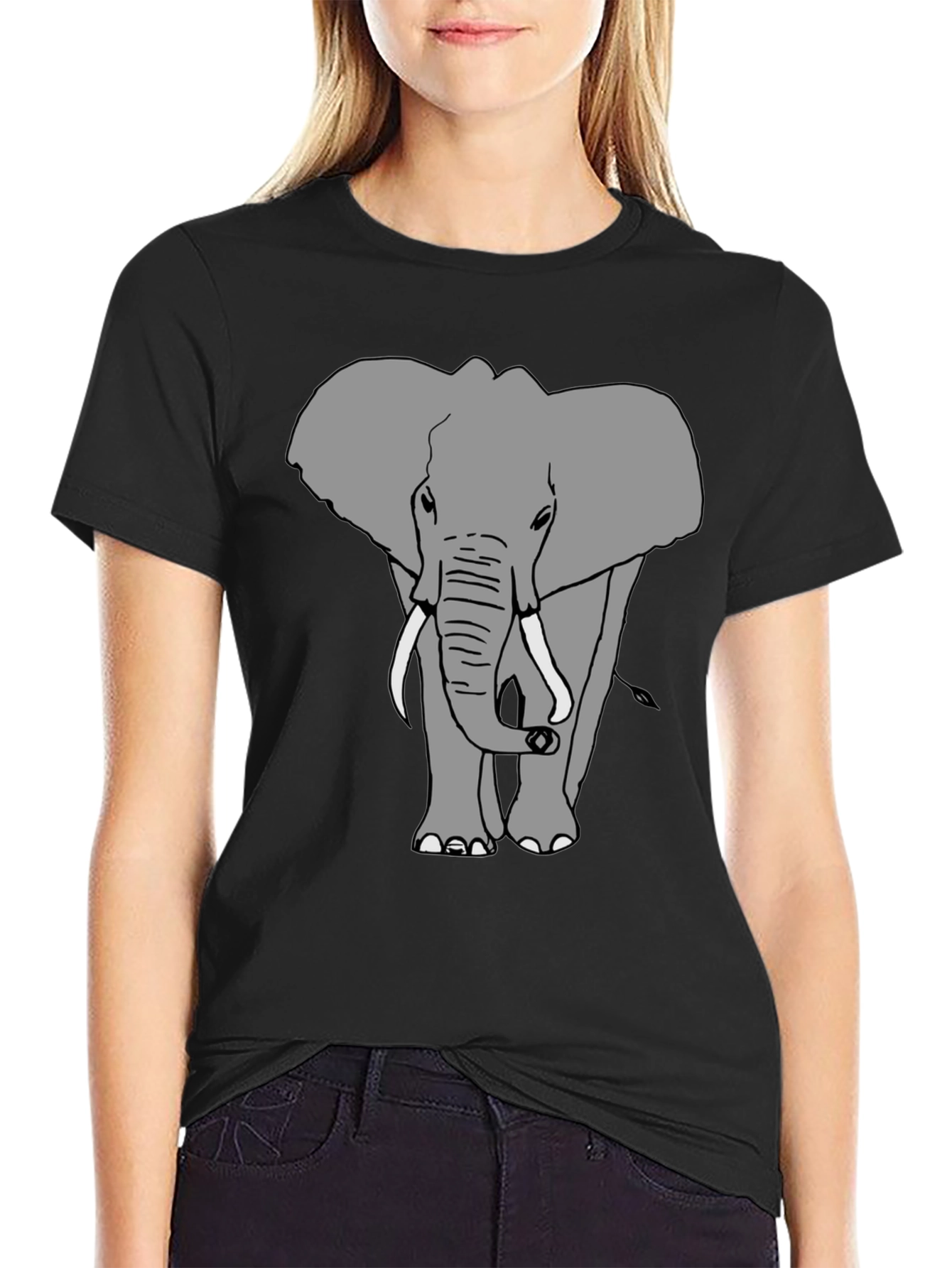Elephant Graphic Print Crew Neck Tee - Black