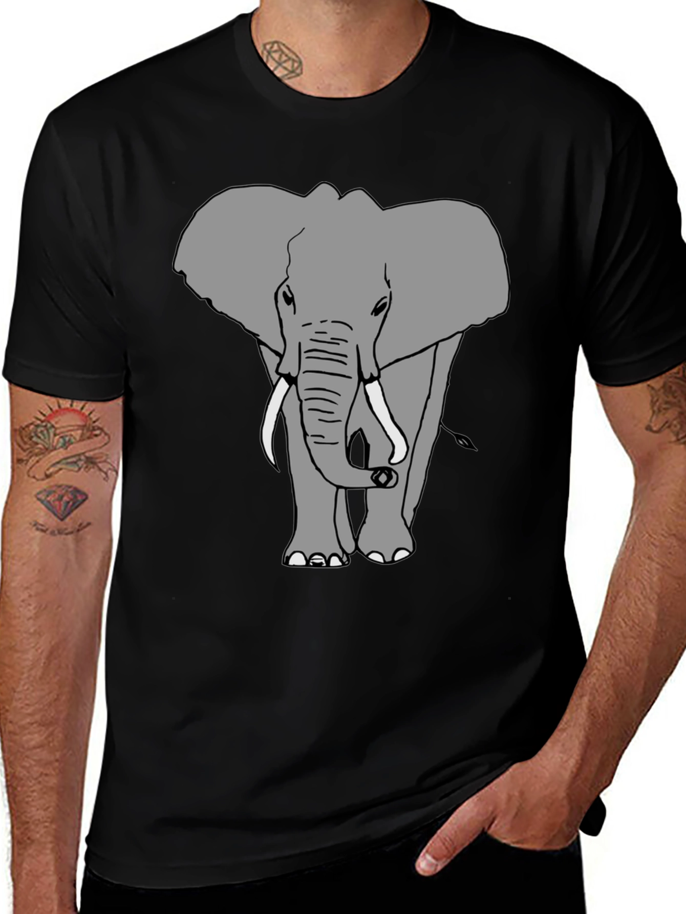 Elephant Graphic Print Crew Neck Tee - Black
