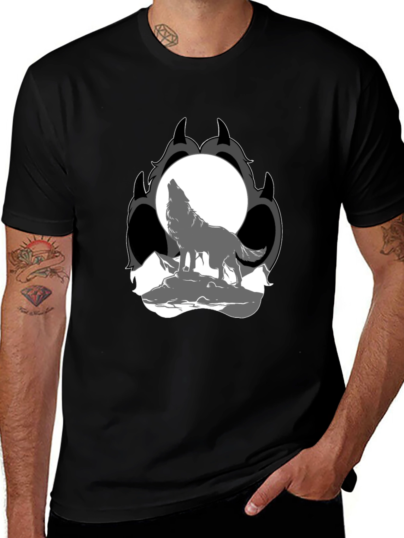 Wolf Moon Paw Print Black T-Shirt