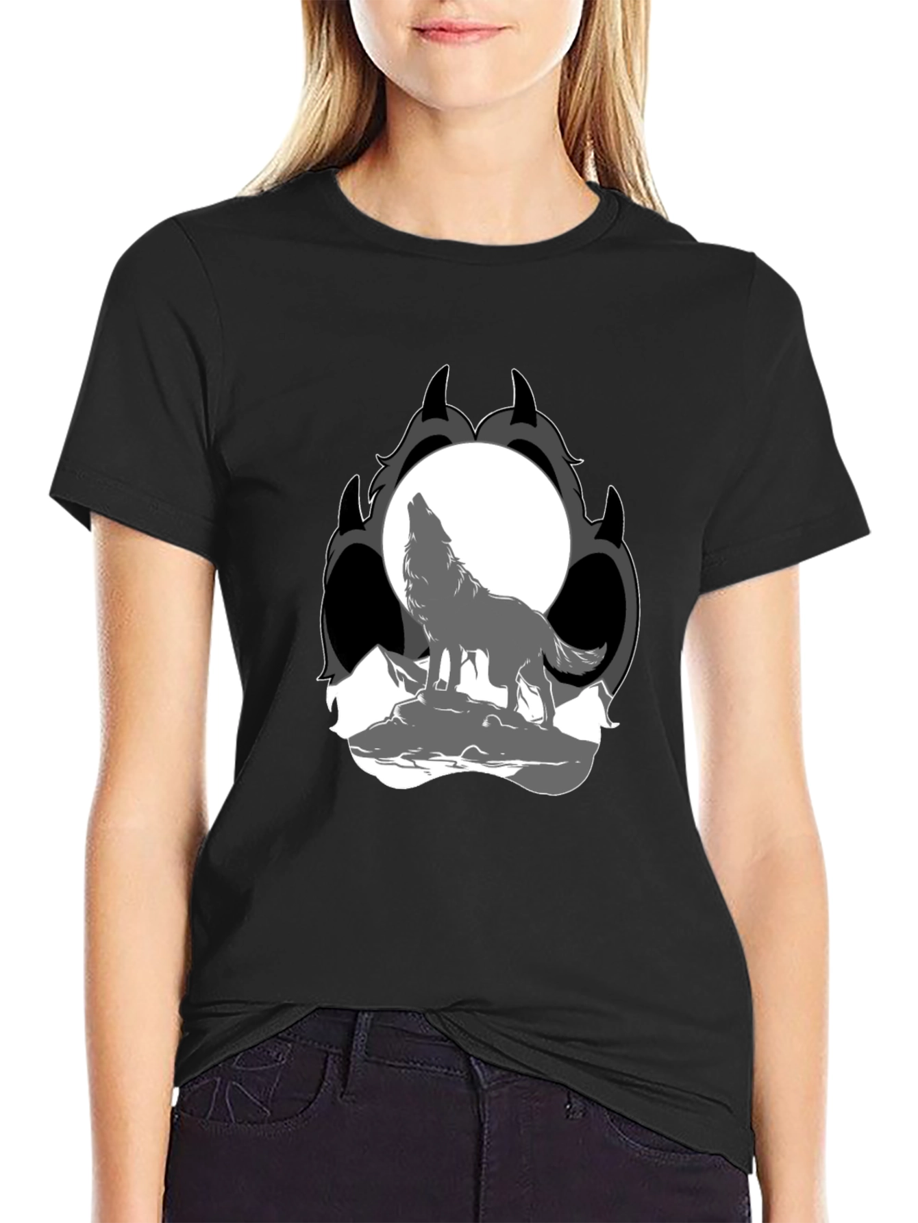 Wolf Moon Paw Print Black T-Shirt