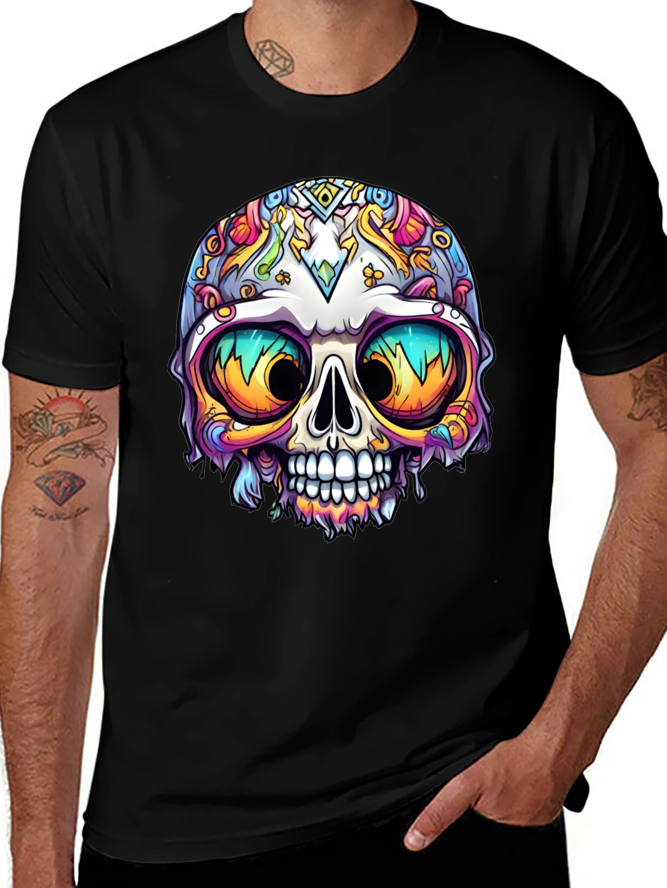 Vibrant Sugar Skull Graphic Tee - Mens Black T-Shirt
