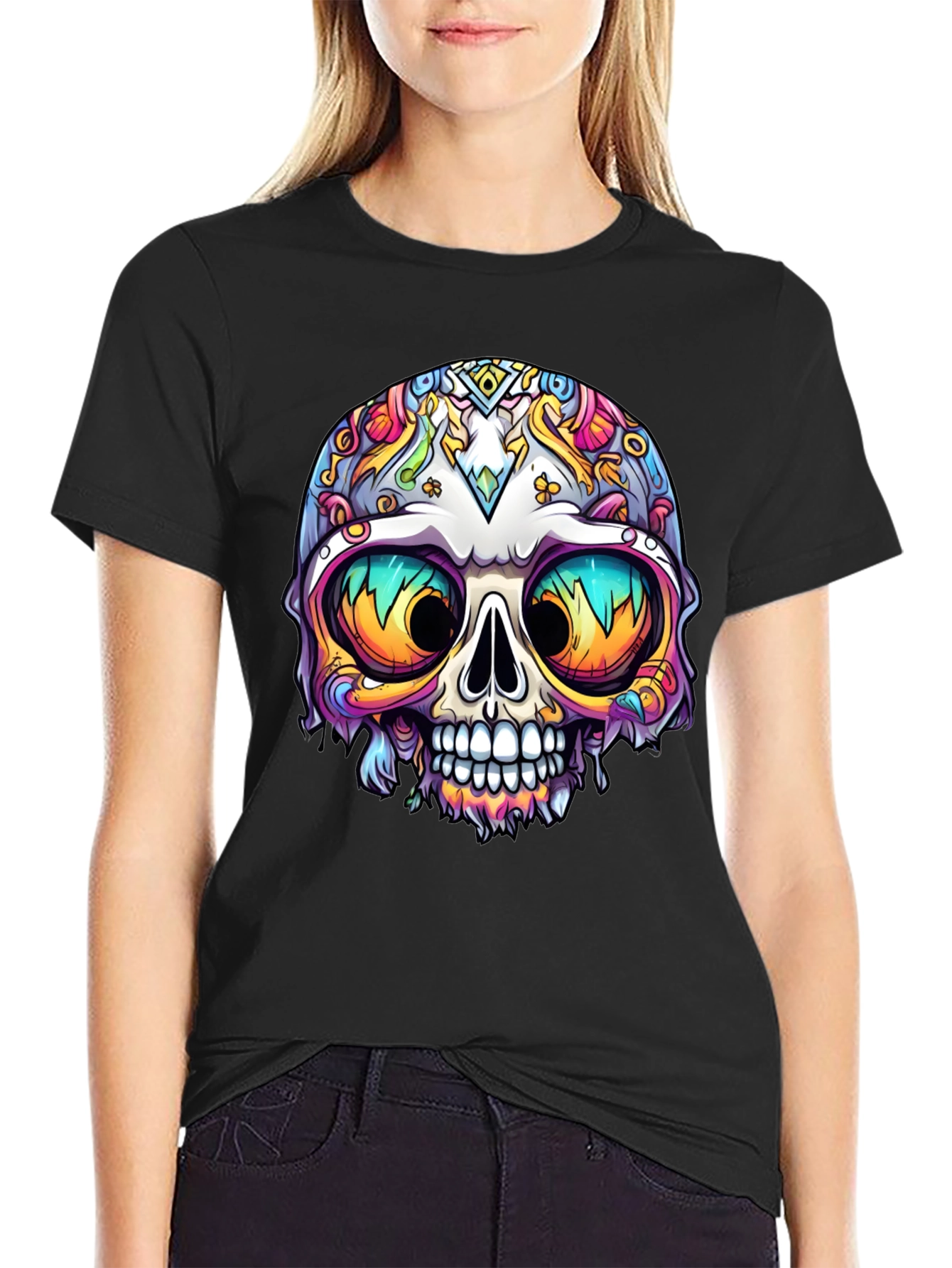 Vibrant Sugar Skull Graphic Tee - Mens Black T-Shirt