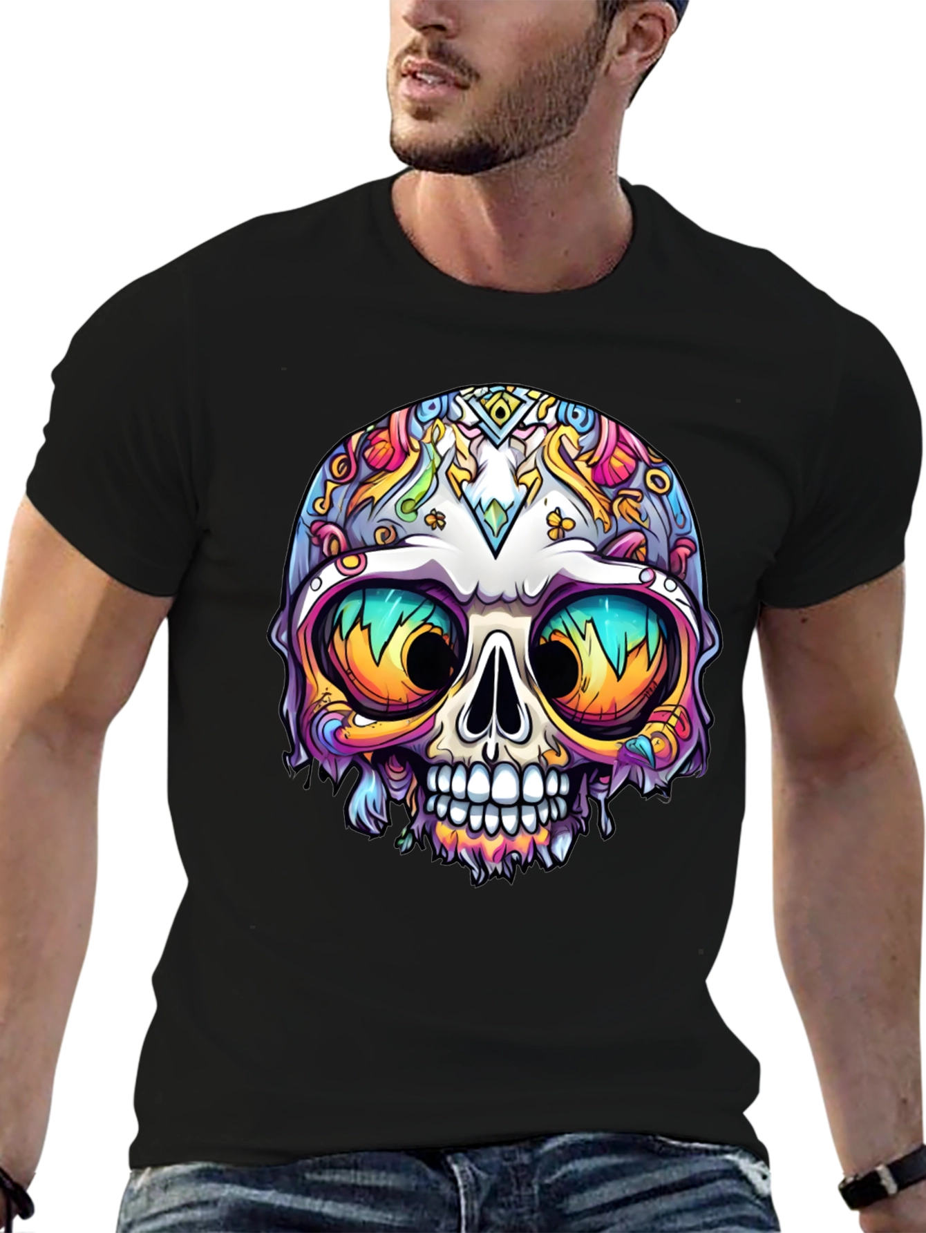 Vibrant Sugar Skull Graphic Tee - Mens Black T-Shirt