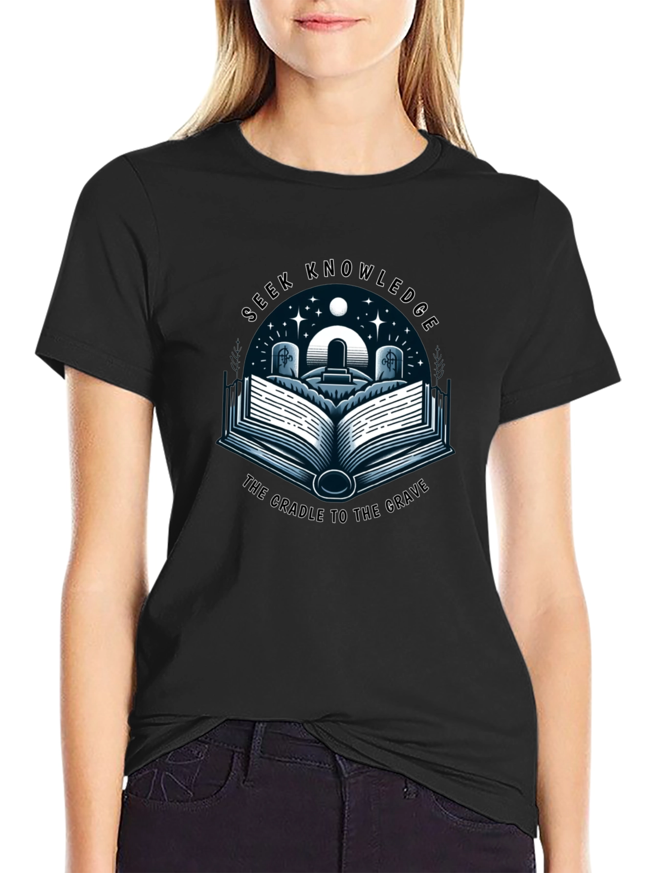 Seek Knowledge Black Tee: The Cradle to the Grave