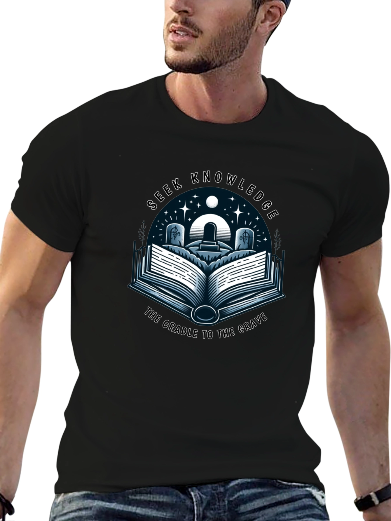 Seek Knowledge Black Tee: The Cradle to the Grave