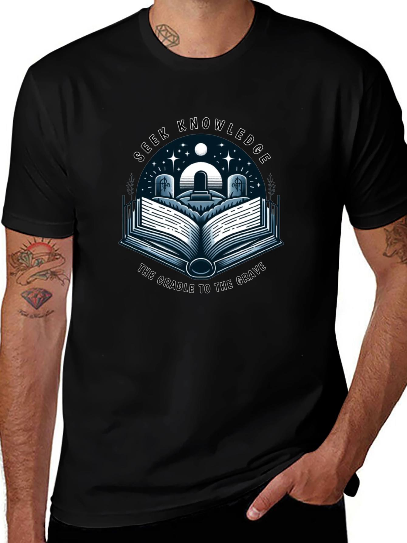 Seek Knowledge Black Tee: The Cradle to the Grave