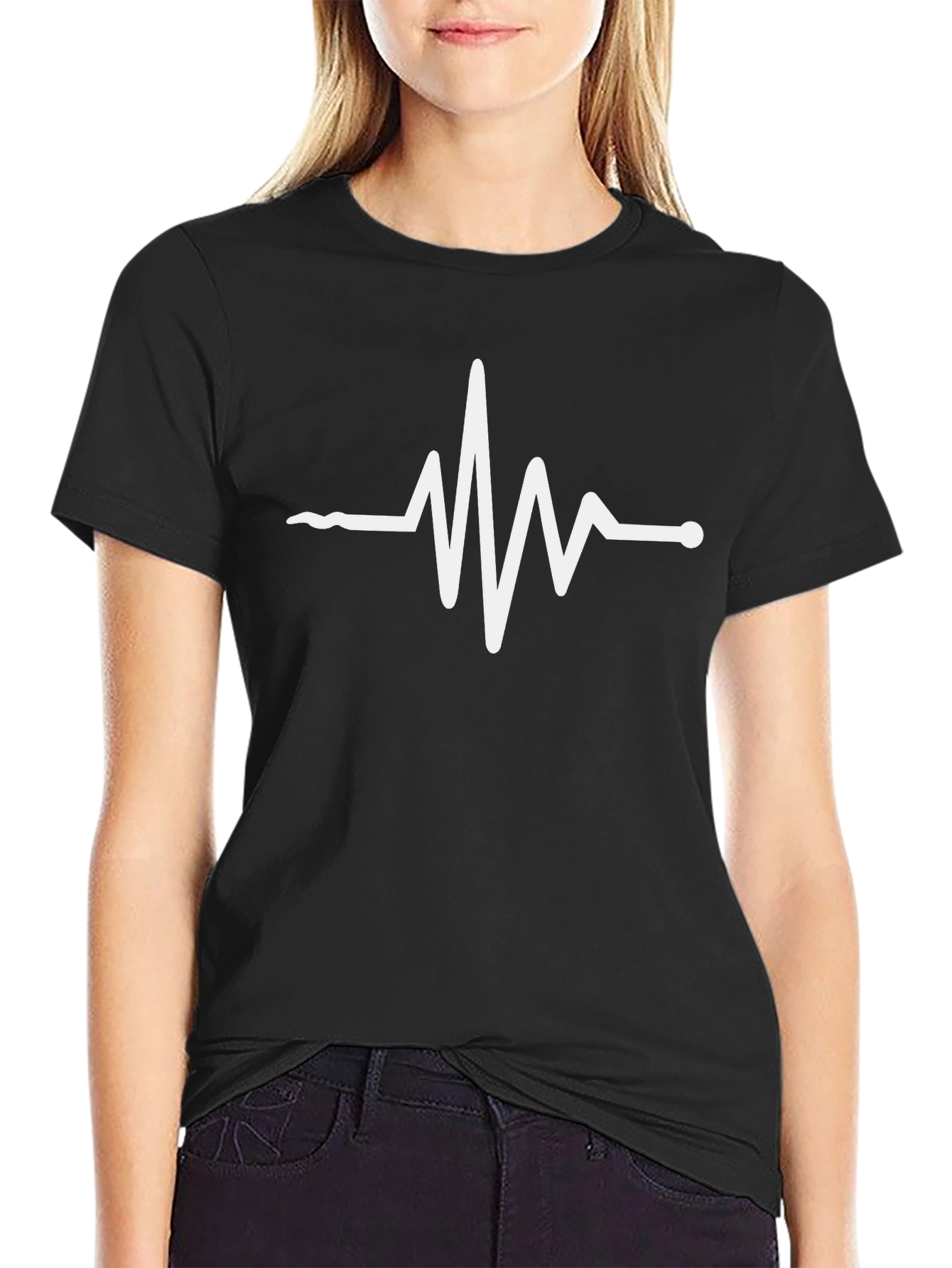 Pulse T-Shirt - Black Cotton with White Heartbeat Design
