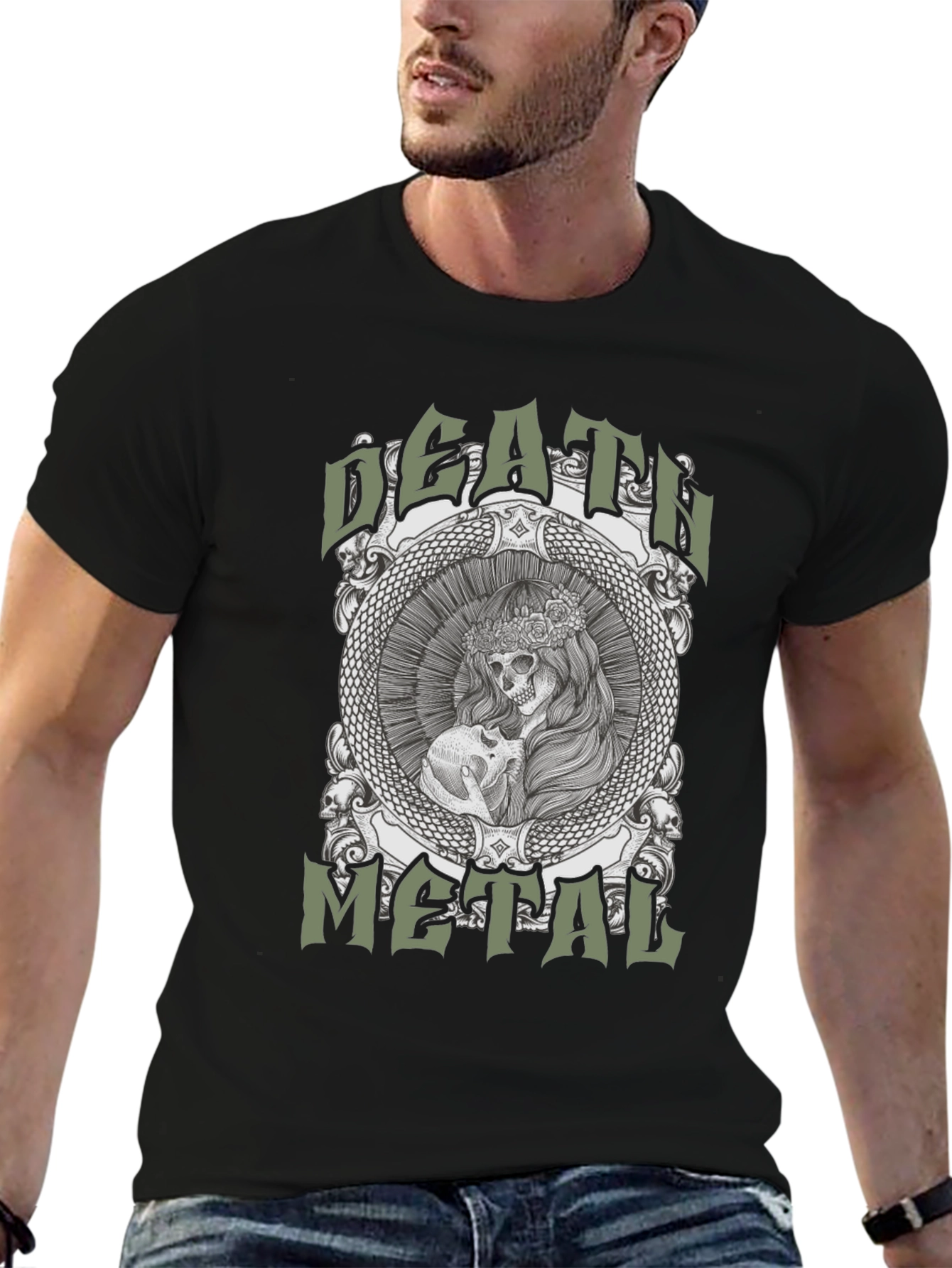 Death Metal Graphic Tee - Skull & Snake Design