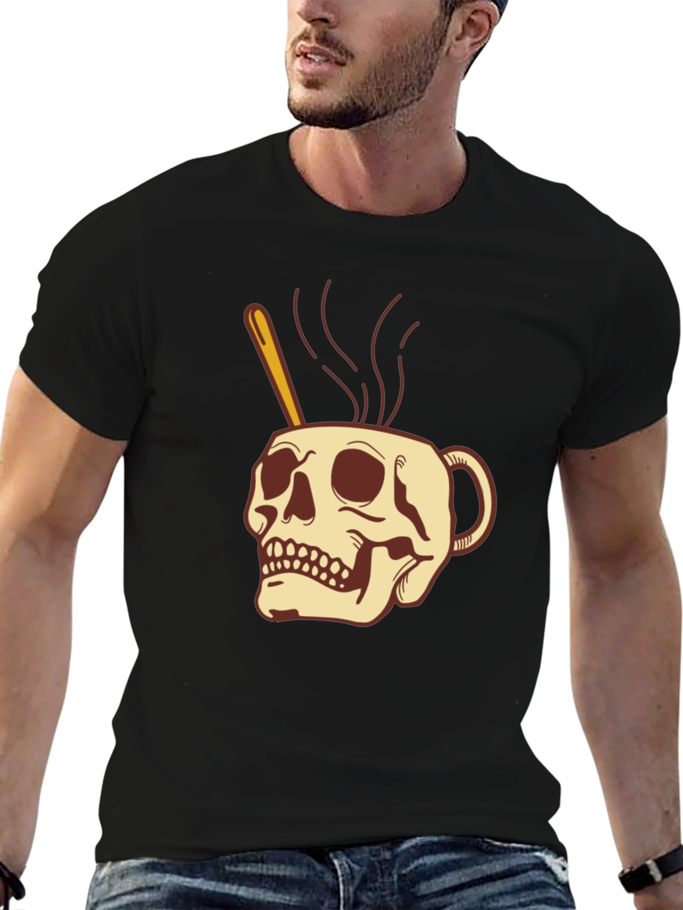Skull Coffee Cup Graphic Black T-Shirt