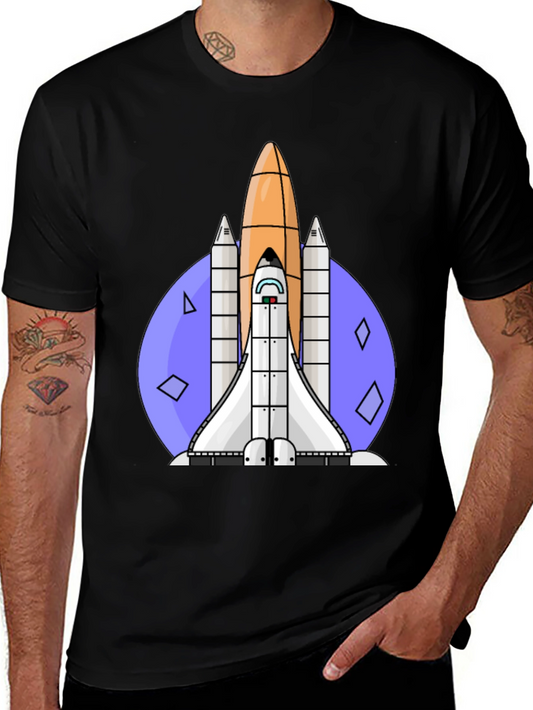 Retro Space Shuttle Graphic Tee - Black Cotton Blend