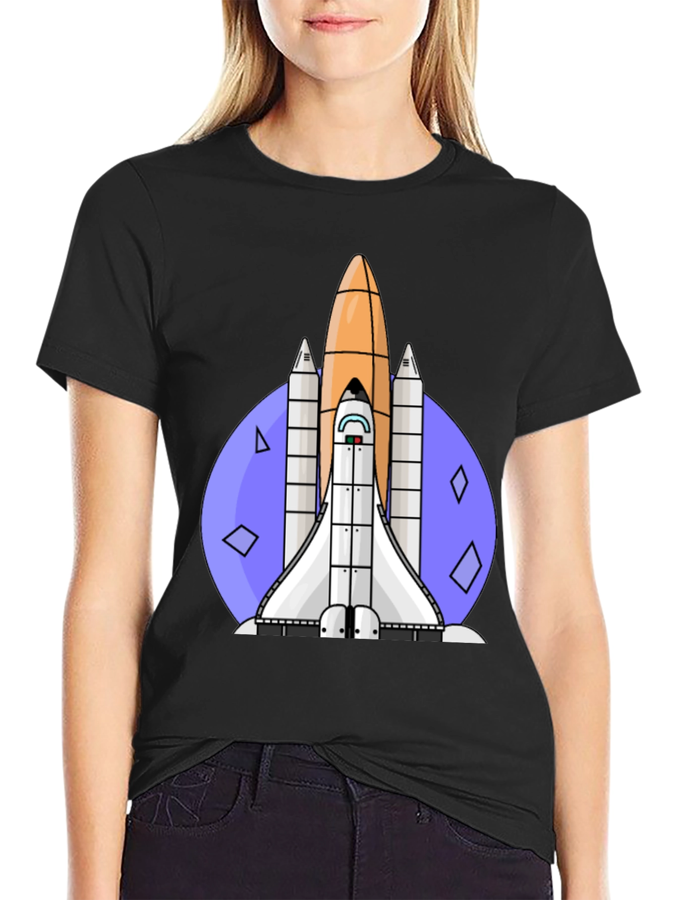 Retro Space Shuttle Graphic Tee - Black Cotton Blend
