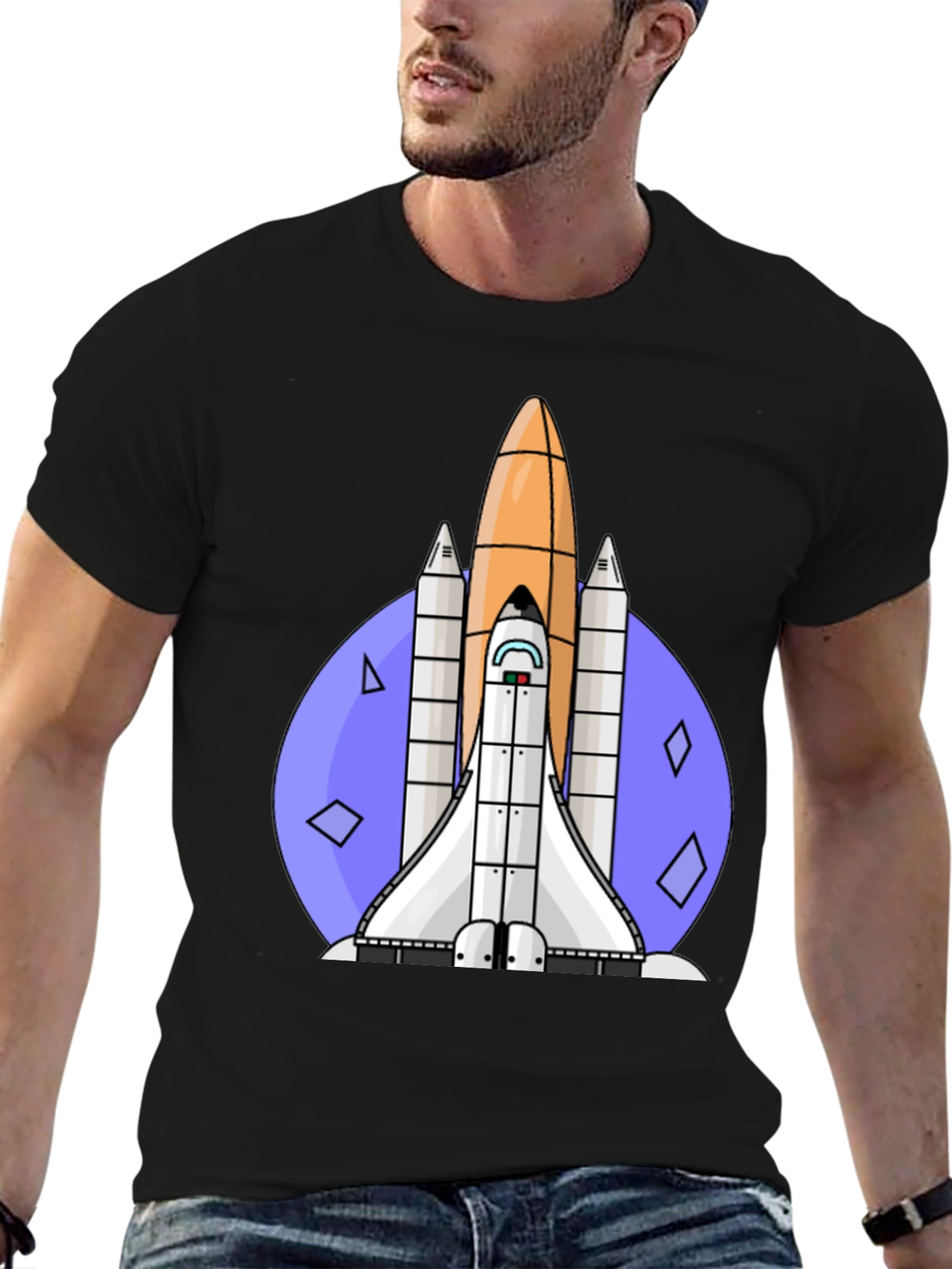 Retro Space Shuttle Graphic Tee - Black Cotton Blend