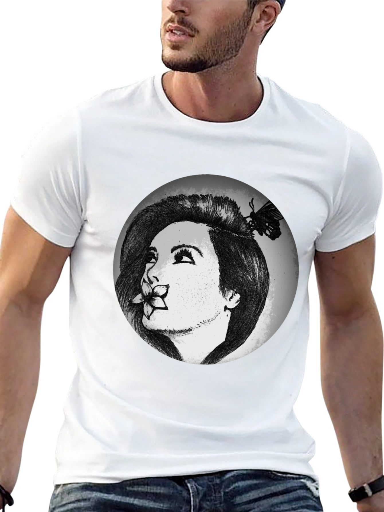 Woman with Flower Graphic T-Shirt