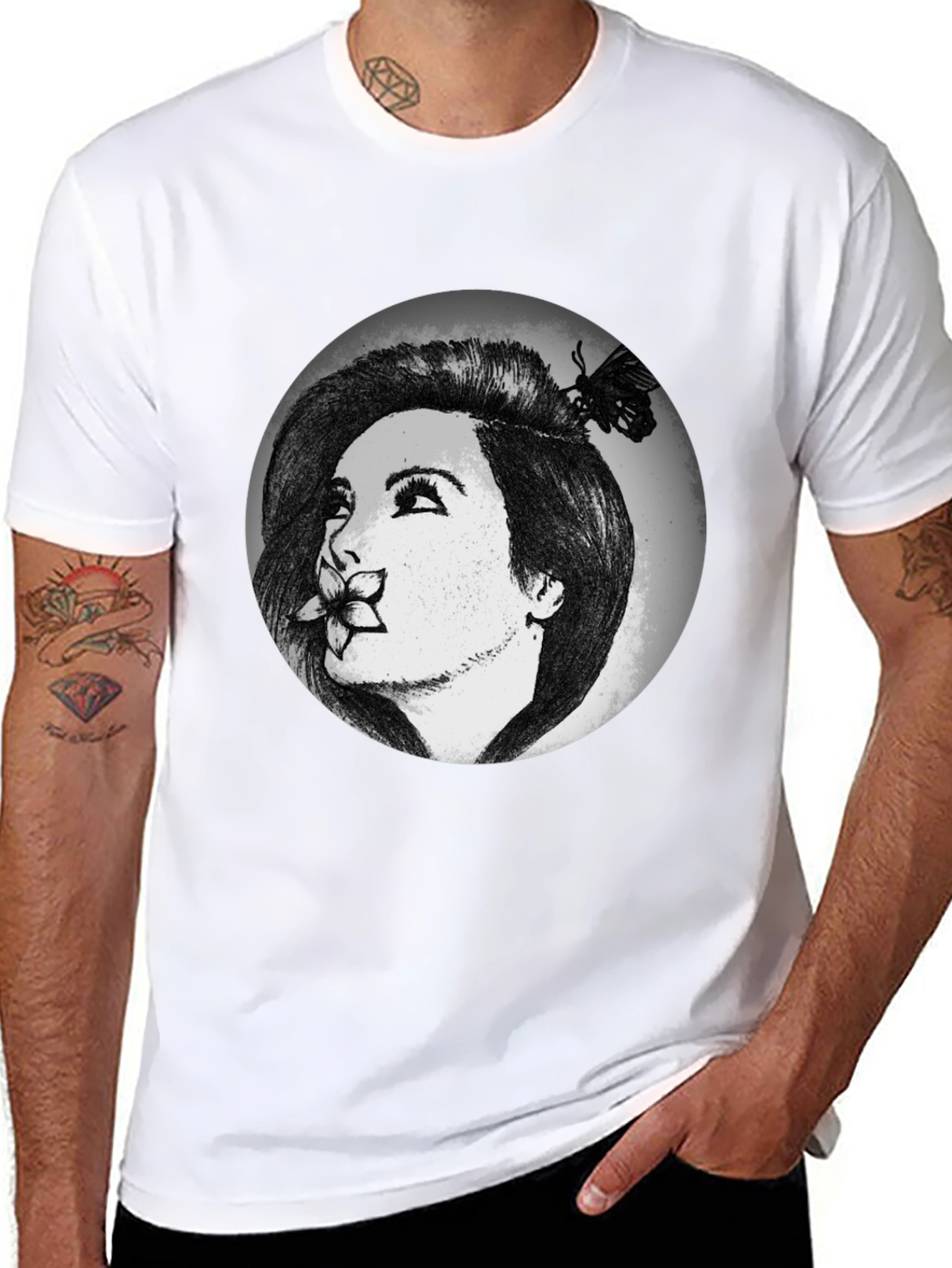 Woman with Flower Graphic T-Shirt
