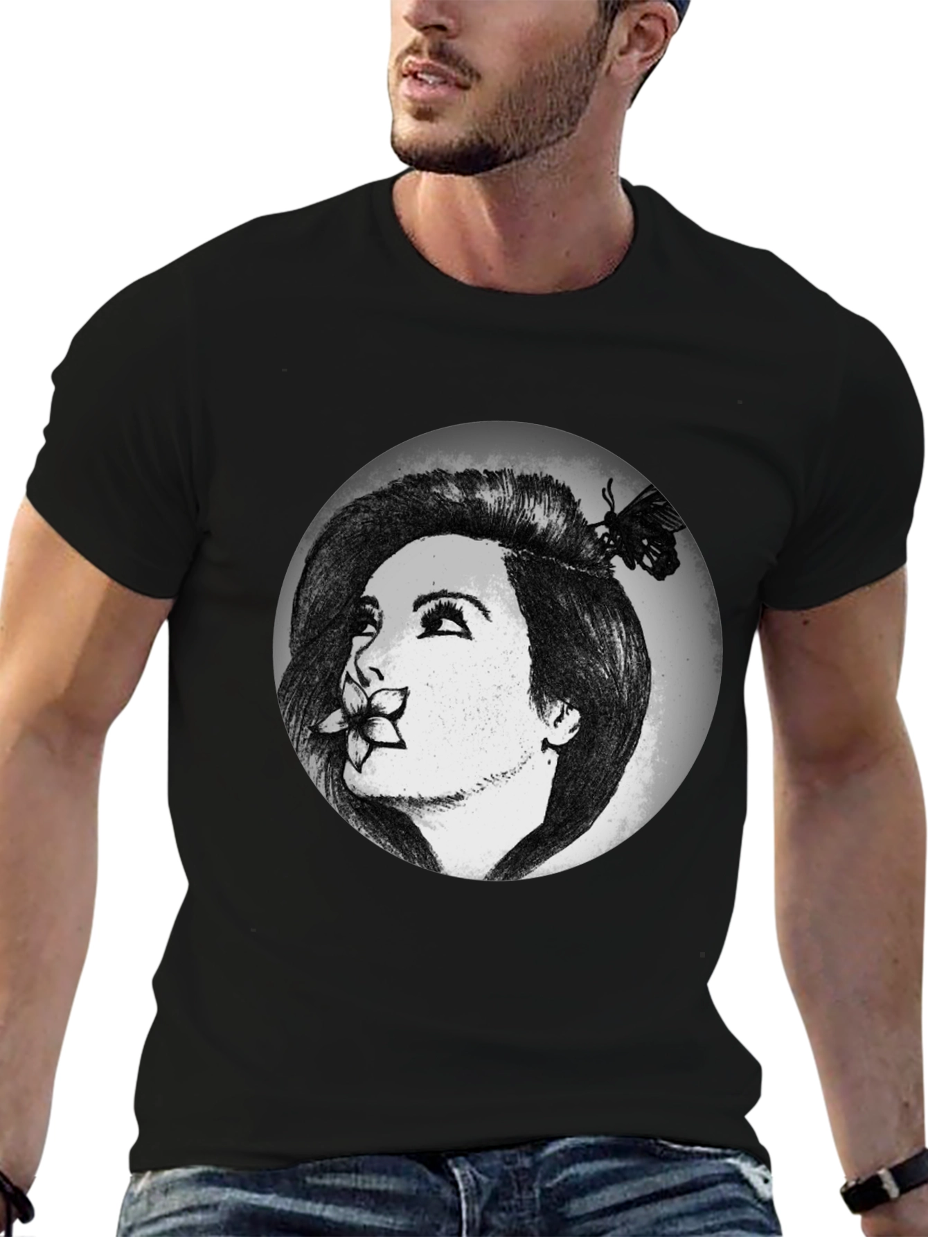 Woman with Flower Graphic T-Shirt