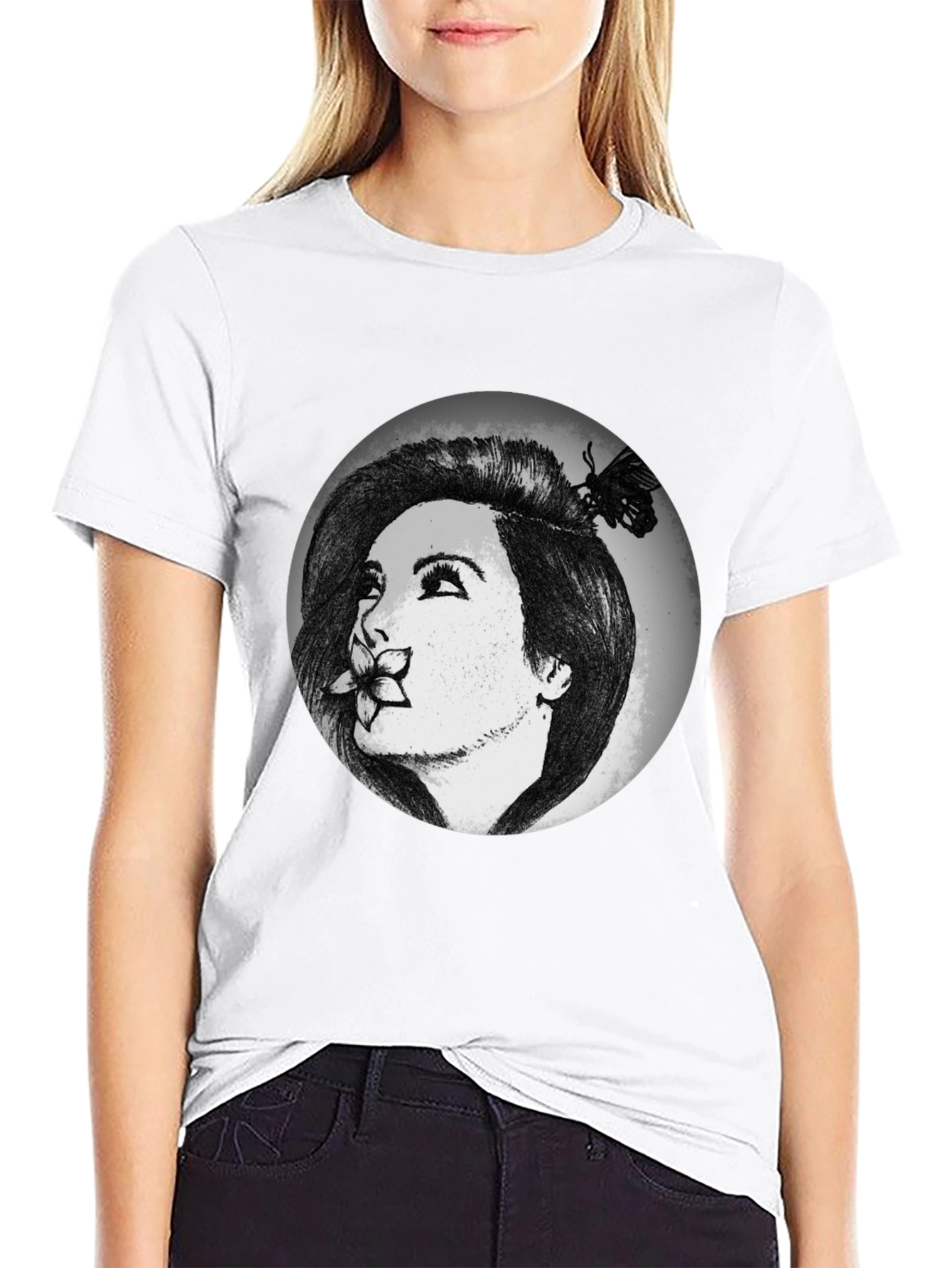 Woman with Flower Graphic T-Shirt